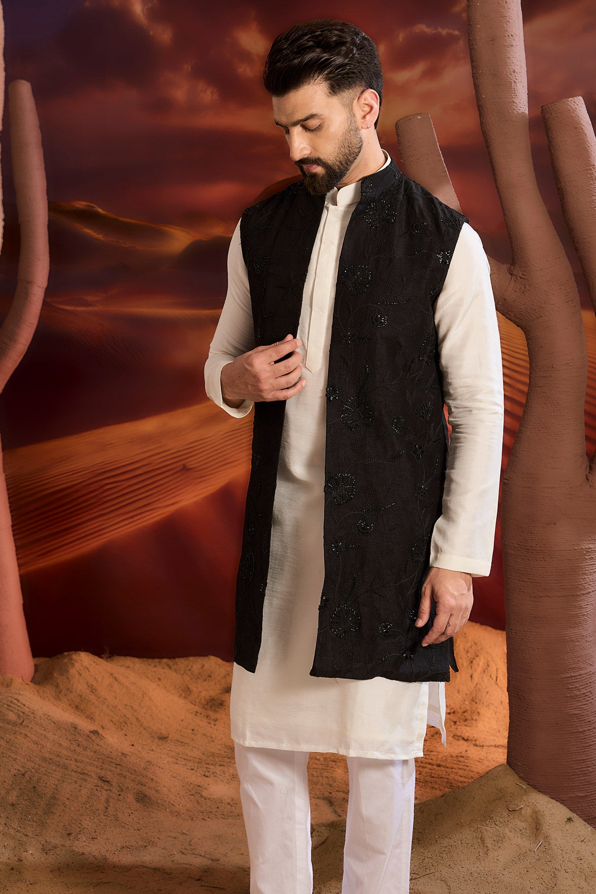 Black Flroal Long Open Shrug With Intricate Cut Dana Work