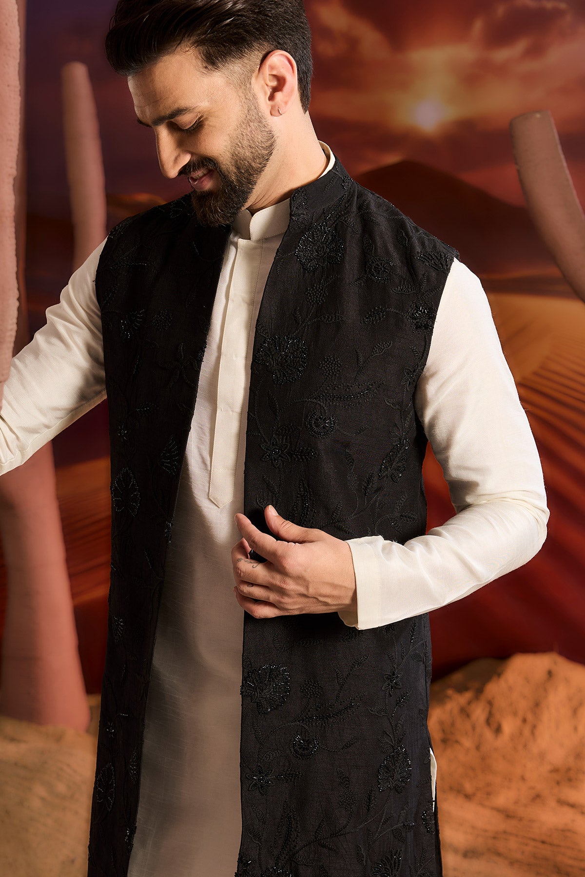 Black Flroal Long Open Shrug With Intricate Cut Dana Work