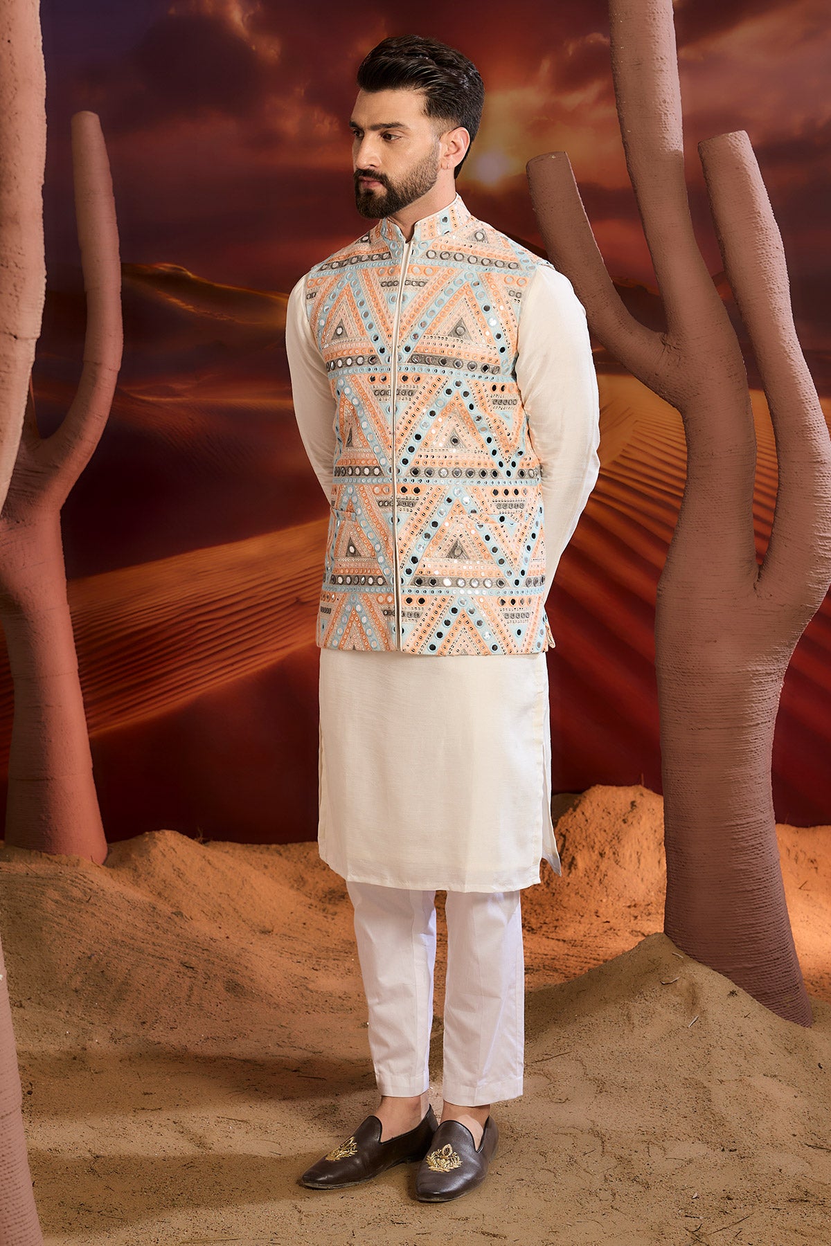 Multi Coloured Long Open Shrug With Mirror Work Detailing