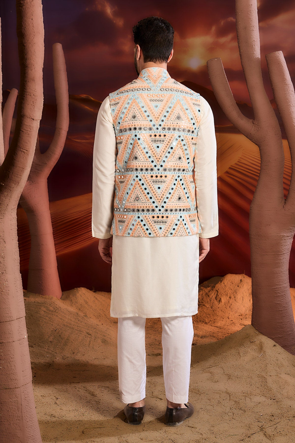 Multi Coloured Long Open Shrug With Mirror Work Detailing
