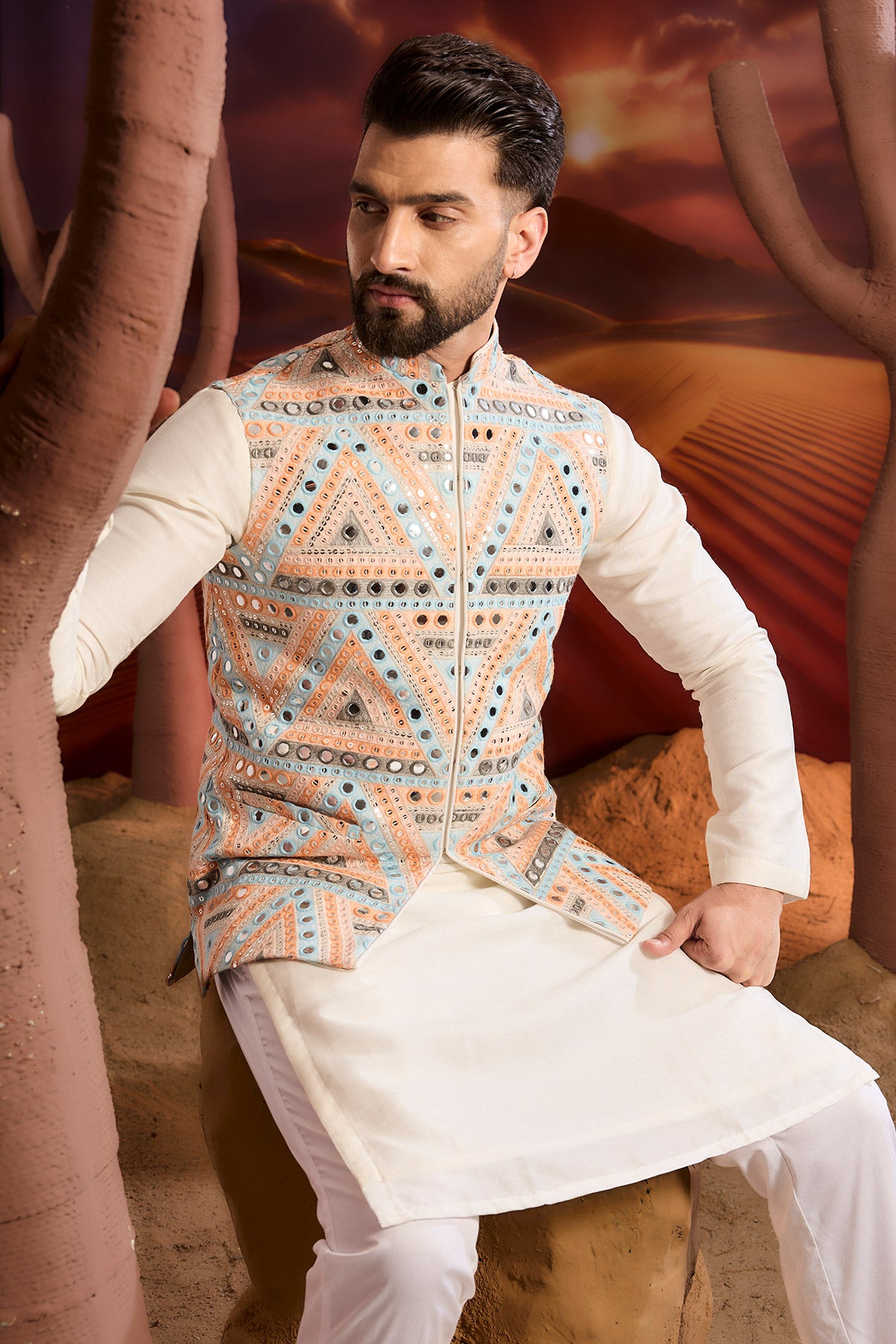Multi Coloured Long Open Shrug With Mirror Work Detailing