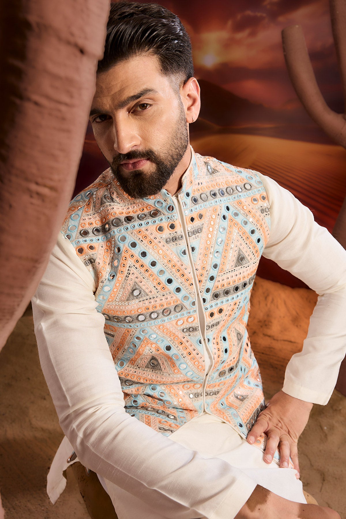 Multi Coloured Long Open Shrug With Mirror Work Detailing