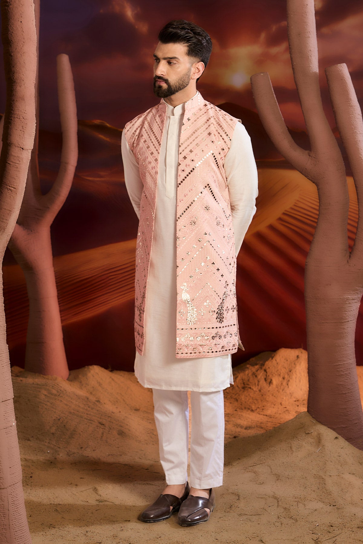 Light Pink Long Open Shrug With Intricate Leather Patch Work And Flora & Fauna Motifs