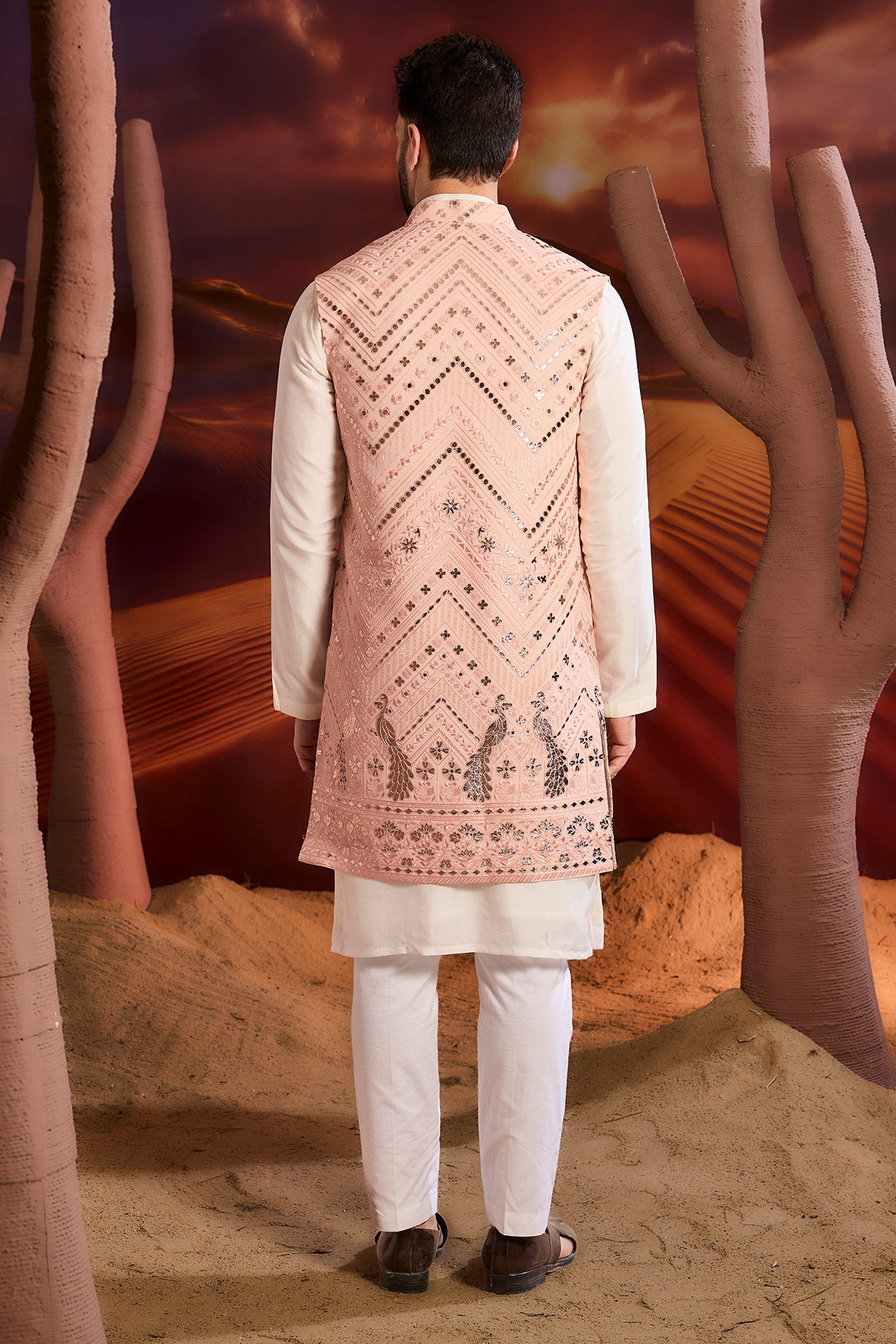 Light Pink Long Open Shrug With Intricate Leather Patch Work And Flora & Fauna Motifs