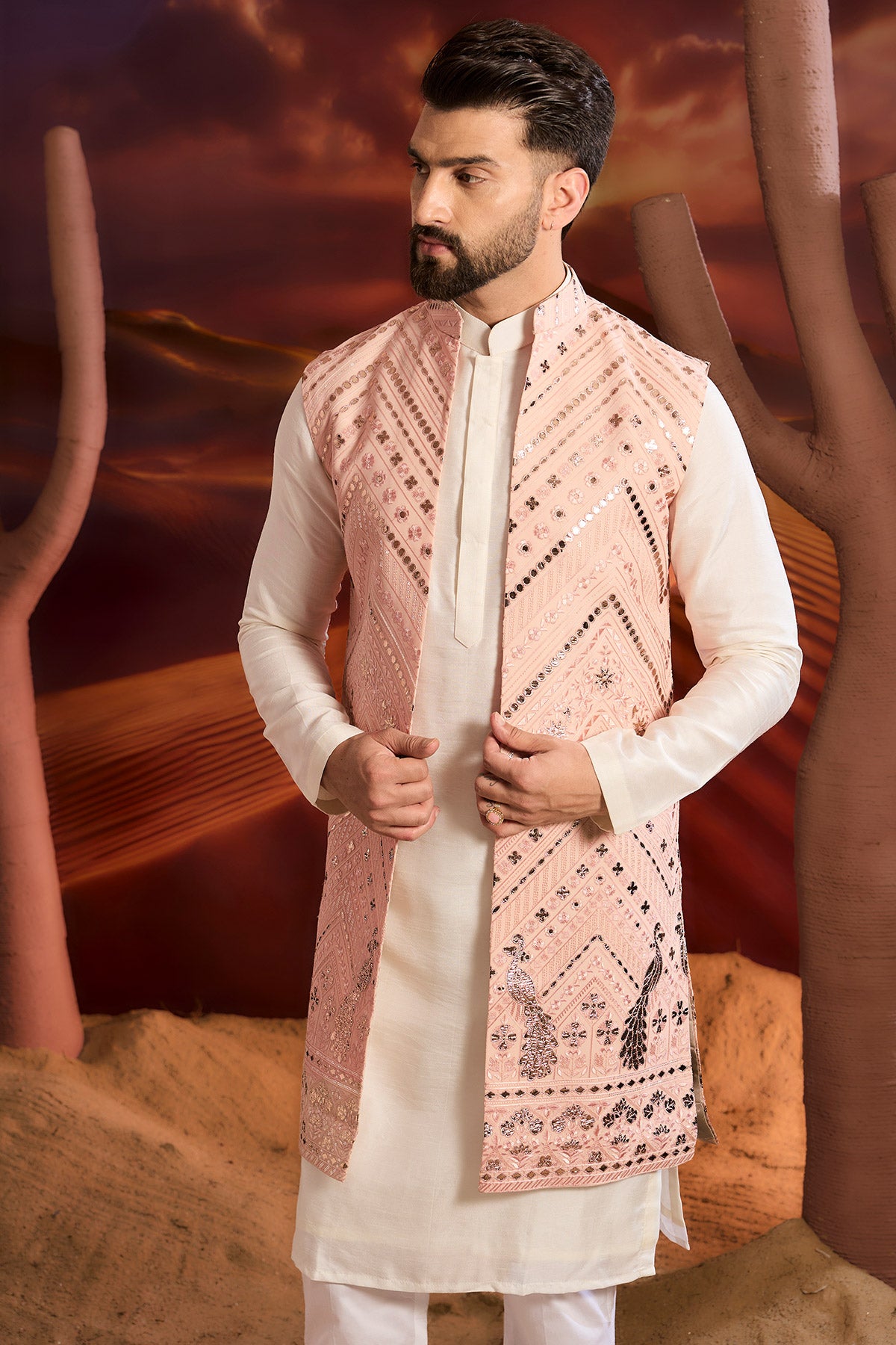 Light Pink Long Open Shrug With Intricate Leather Patch Work And Flora & Fauna Motifs