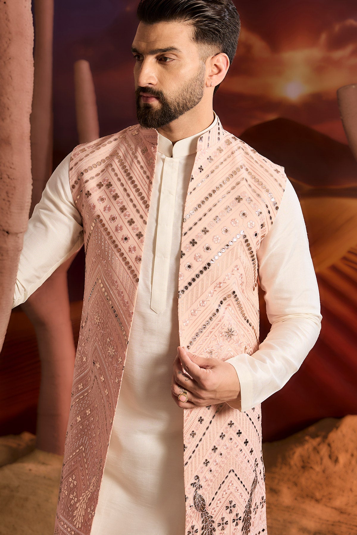 Light Pink Long Open Shrug With Intricate Leather Patch Work And Flora & Fauna Motifs