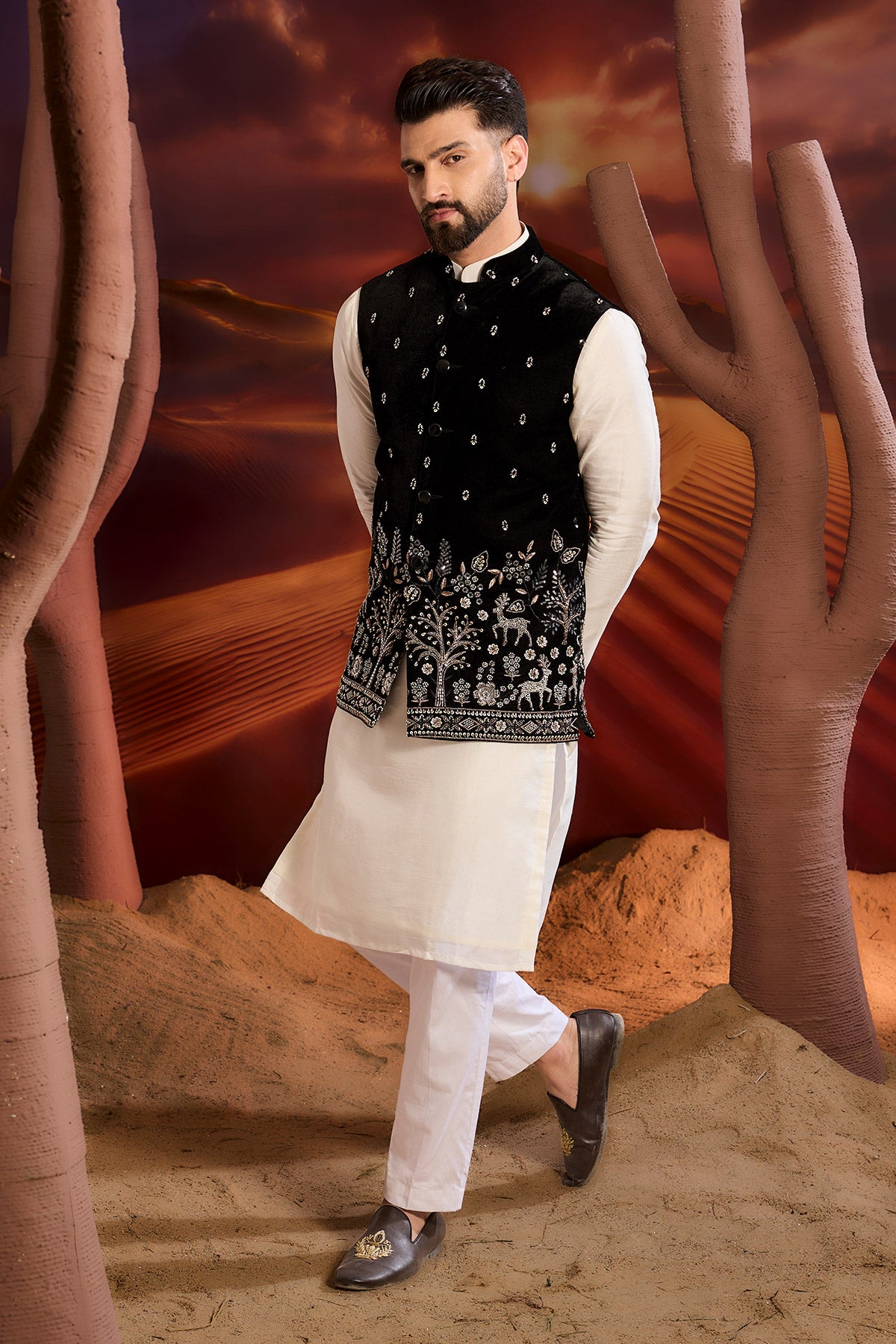 Black Velvet Short Jacket With Detailed Hand Embroidered Figures