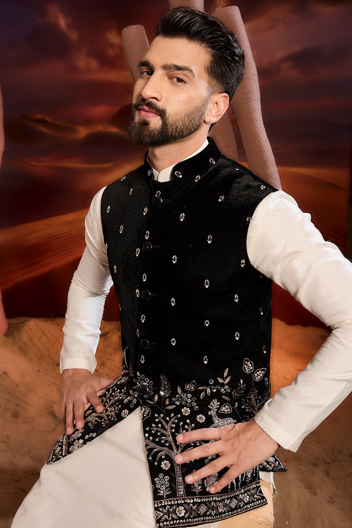 Black Velvet Short Jacket With Detailed Hand Embroidered Figures
