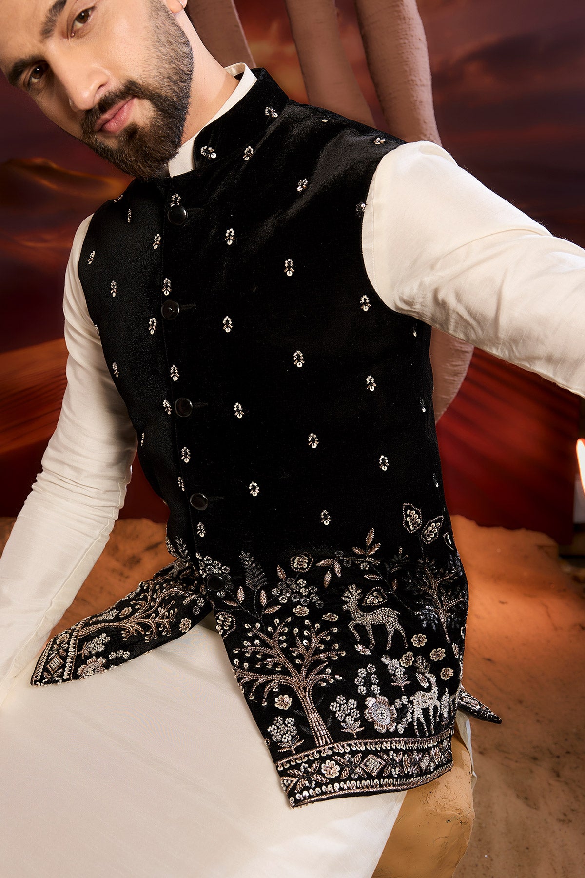 Black Velvet Short Jacket With Detailed Hand Embroidered Figures