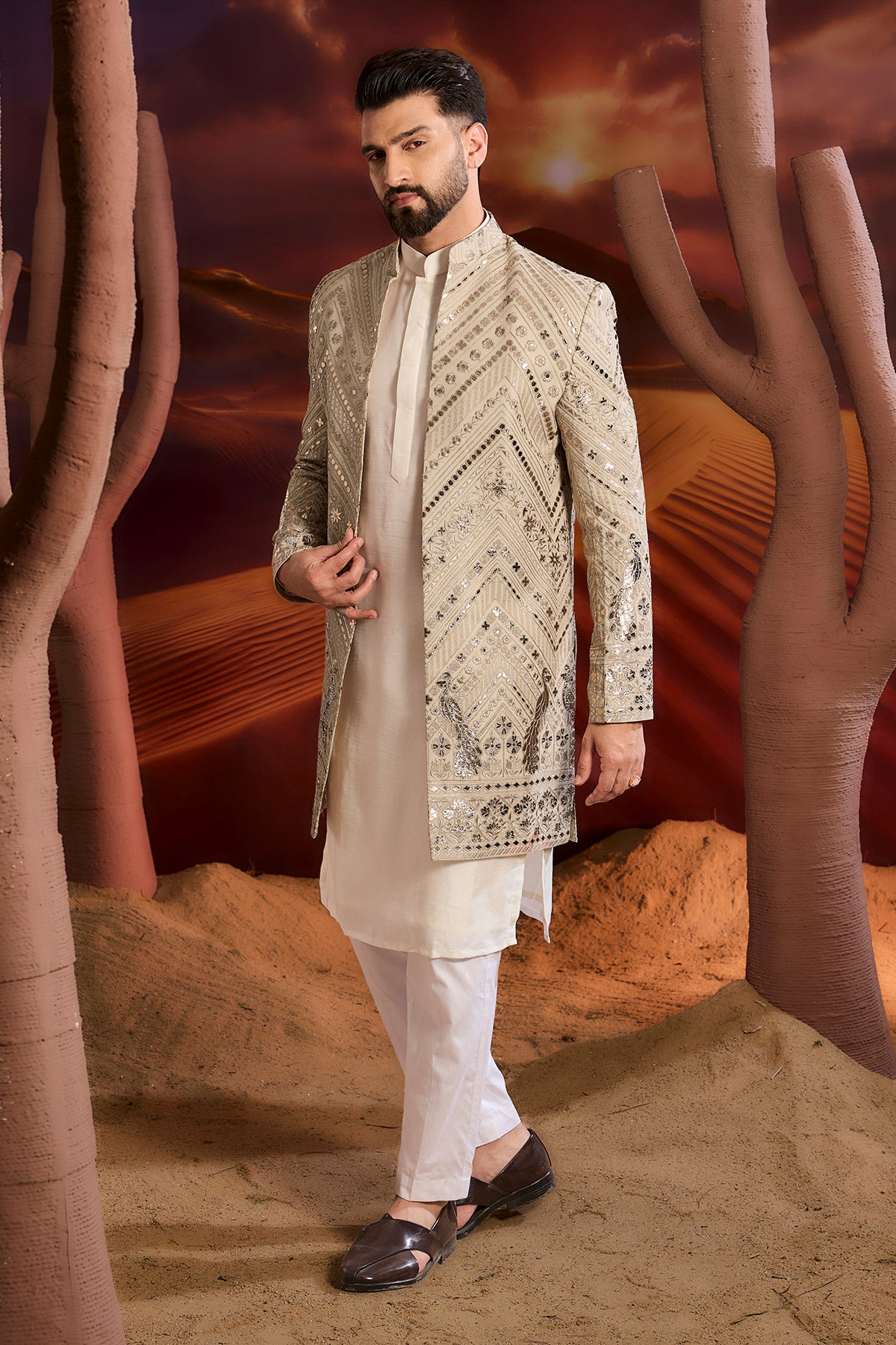 Beige Leather Patchwork Open Indowestern With Intricate Flora And Fauna Figures