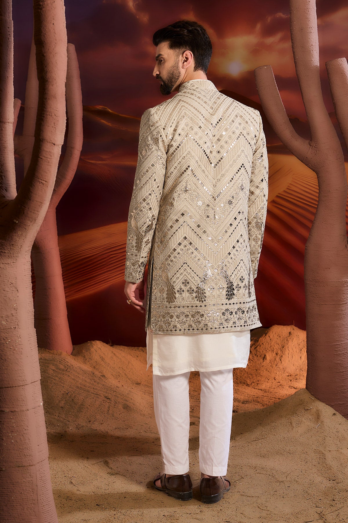 Beige Leather Patchwork Open Indowestern With Intricate Flora And Fauna Figures