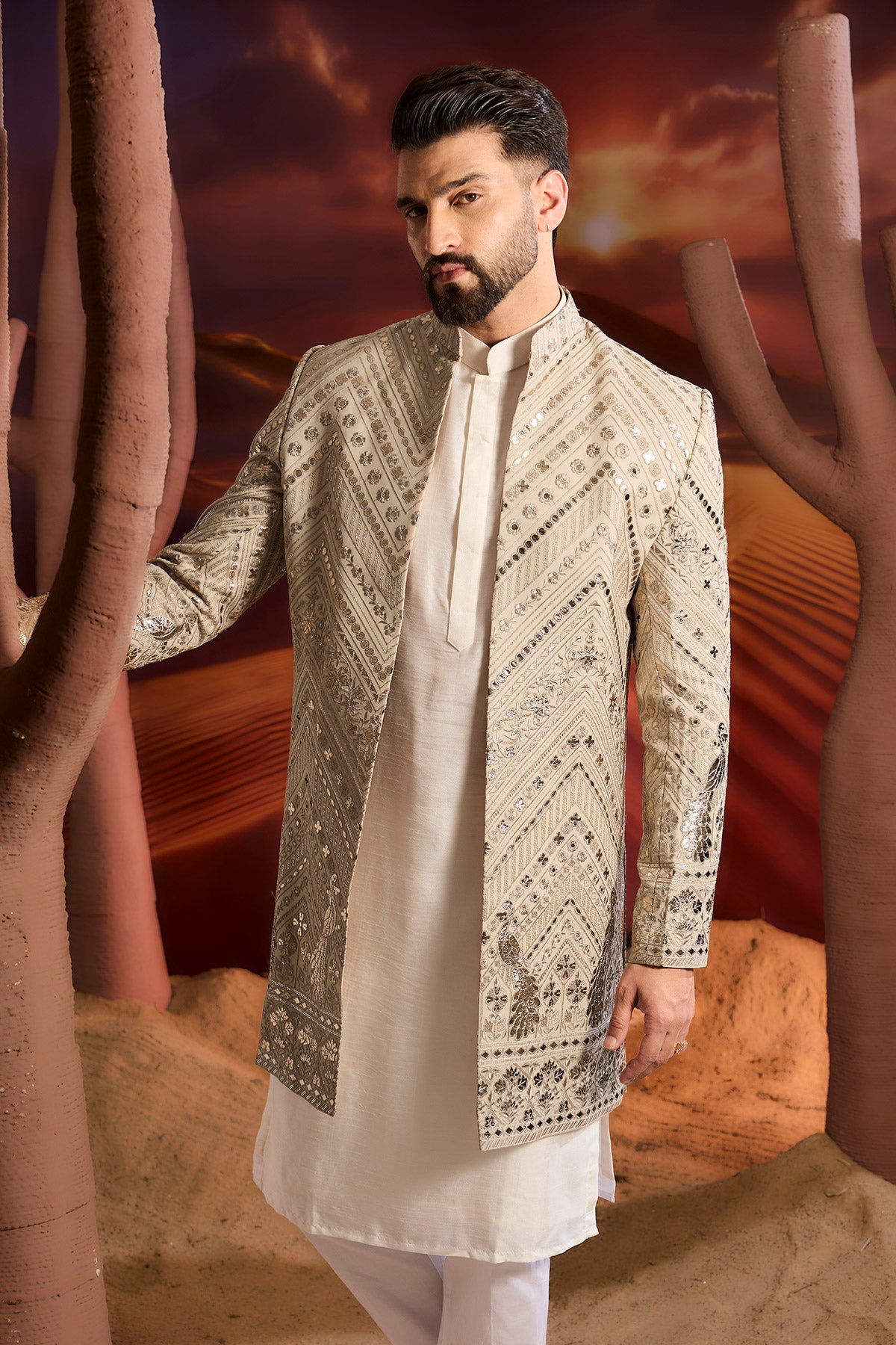 Beige Leather Patchwork Open Indowestern With Intricate Flora And Fauna Figures
