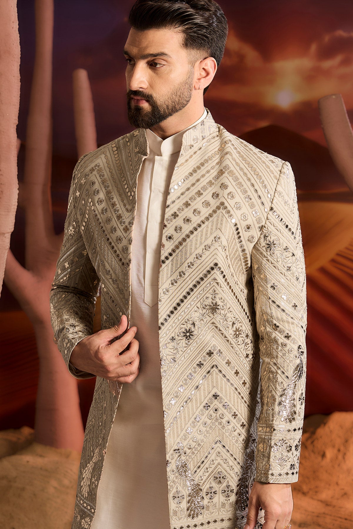 Beige Leather Patchwork Open Indowestern With Intricate Flora And Fauna Figures