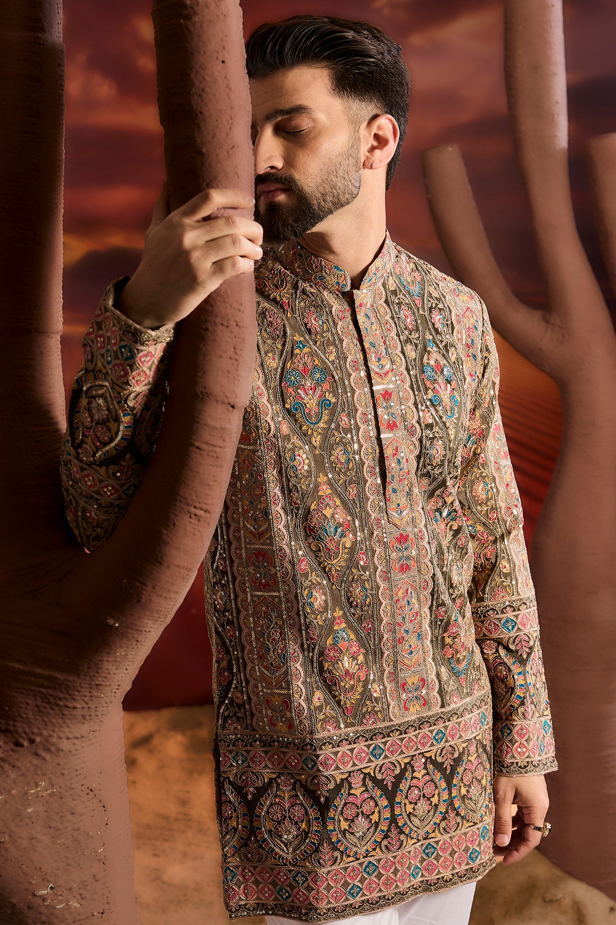 Mehndi Green Floral Short Chikankari Kurta With Multi Thread & Zari Work