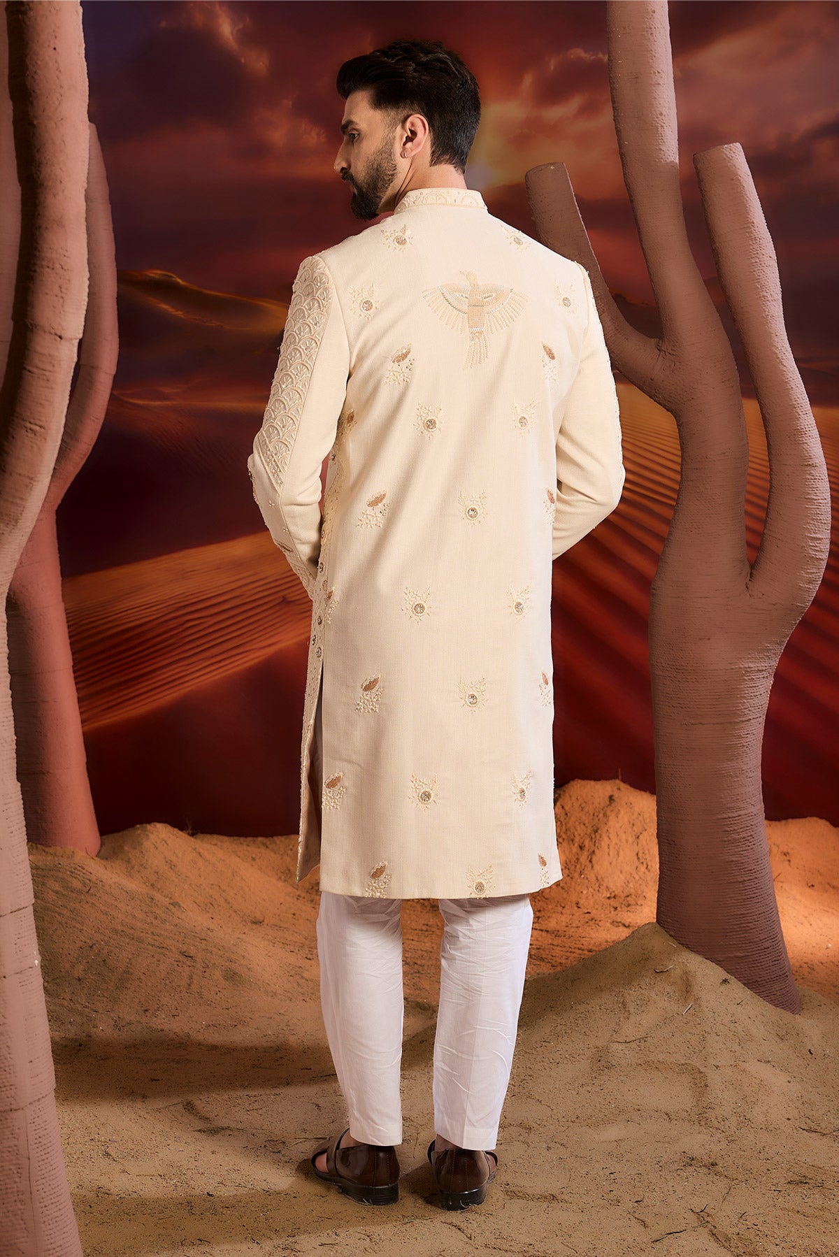 Beige Hand Embrodried Sherwani Woith Delicate Cut Dana And Floral Setup
