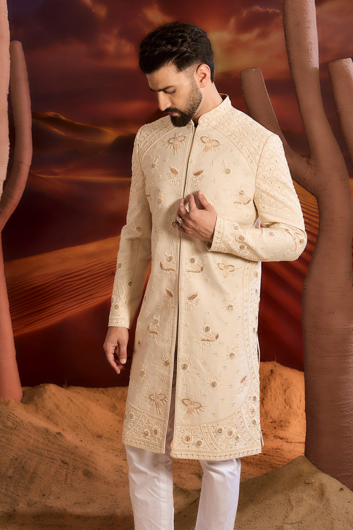 Beige Hand Embrodried Sherwani Woith Delicate Cut Dana And Floral Setup