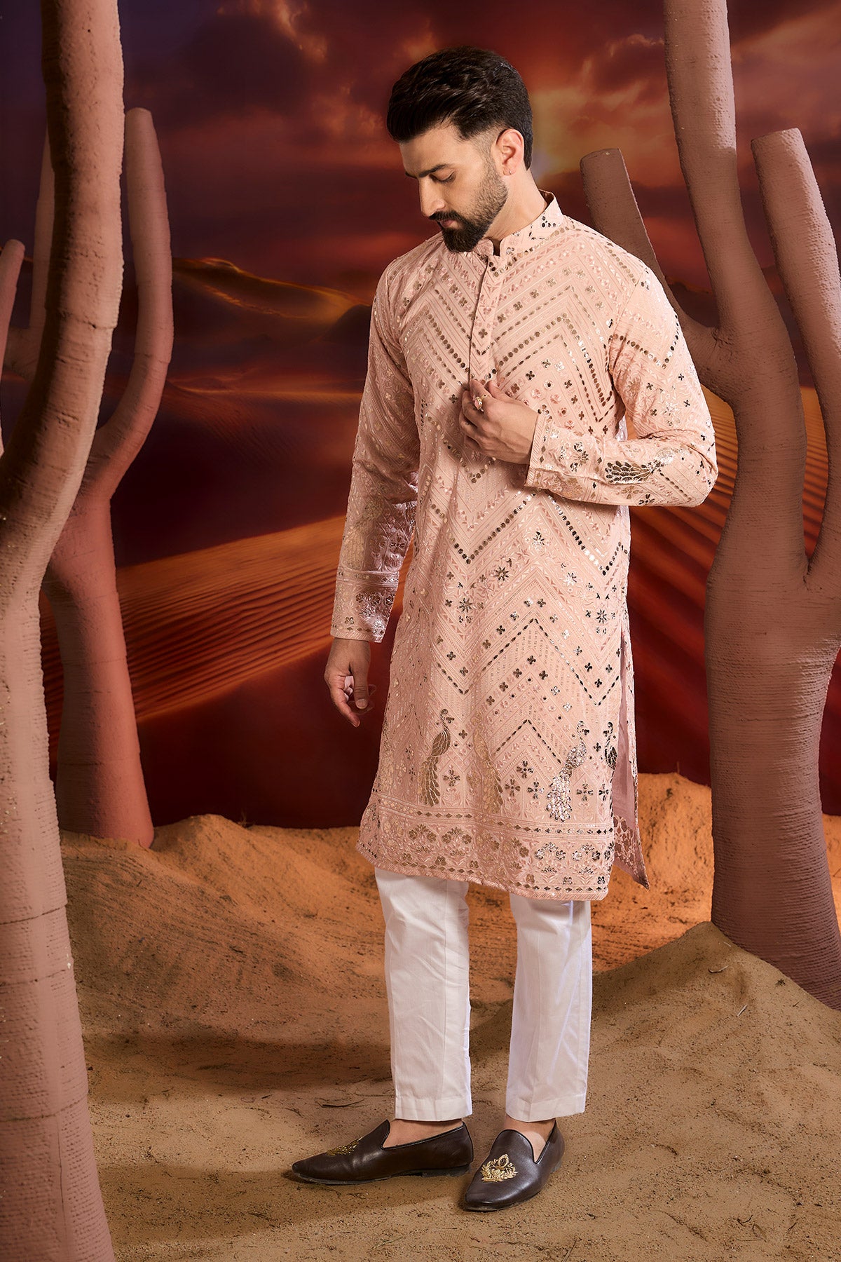 Pink Leather Patchwork Kurta With Inricate Flora And Fauna