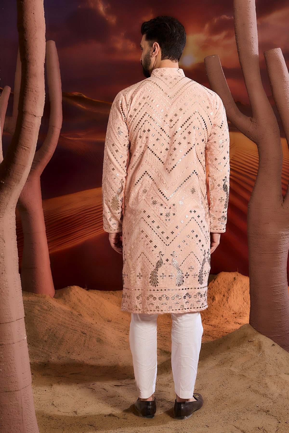Pink Leather Patchwork Kurta With Inricate Flora And Fauna