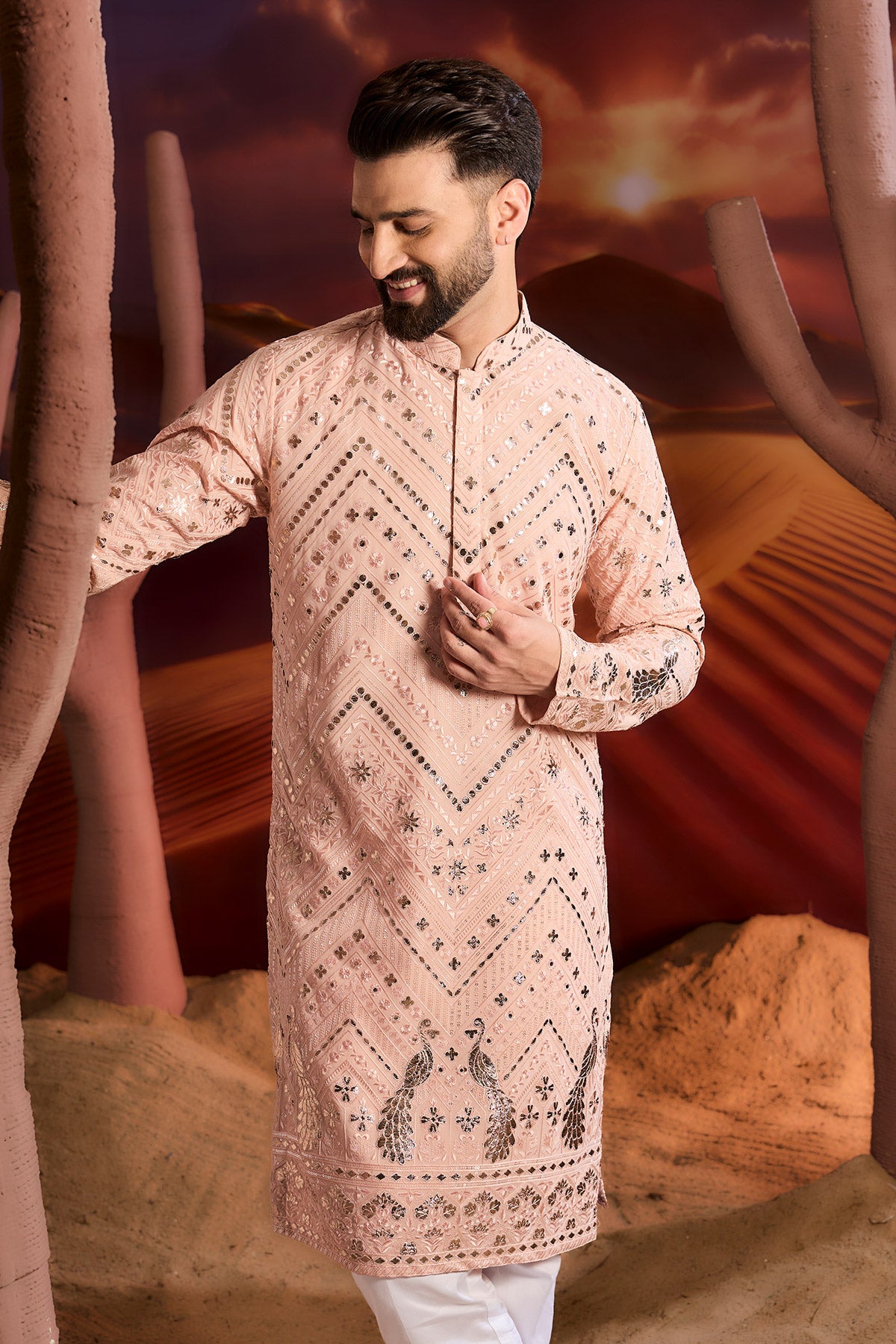 Pink Leather Patchwork Kurta With Inricate Flora And Fauna