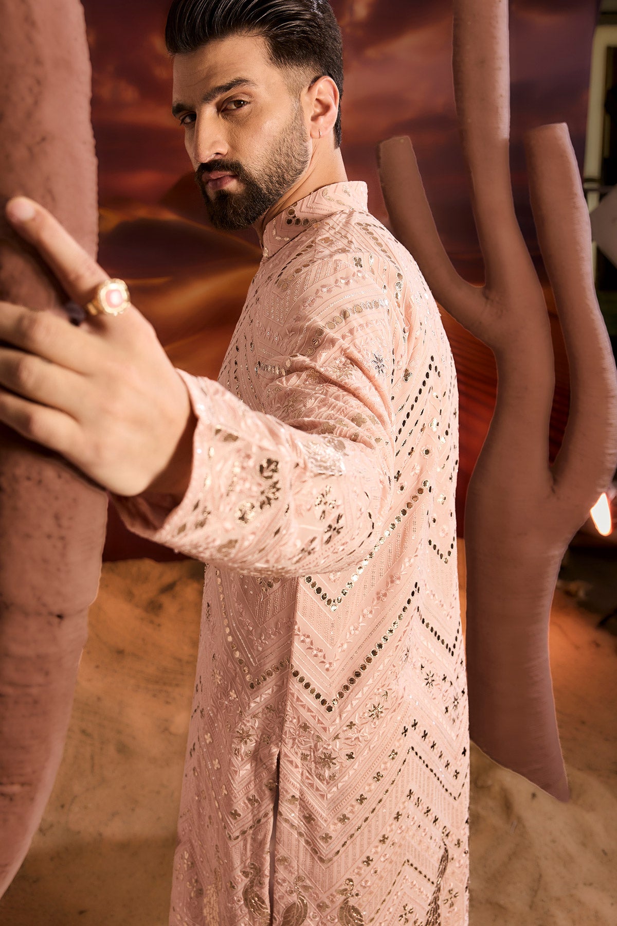 Pink Leather Patchwork Kurta With Inricate Flora And Fauna
