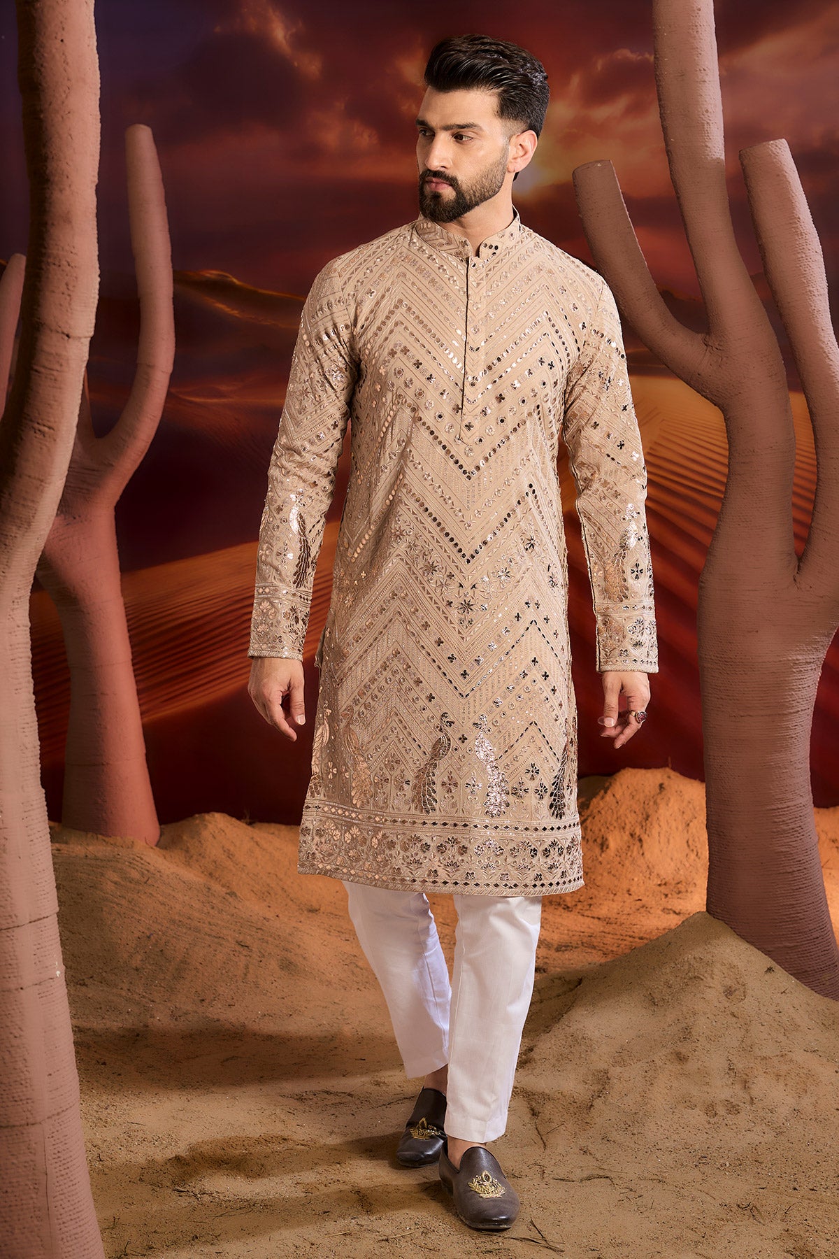 Beige Leather Patchwork Kurta With Intricate Flora And Fauna Figures