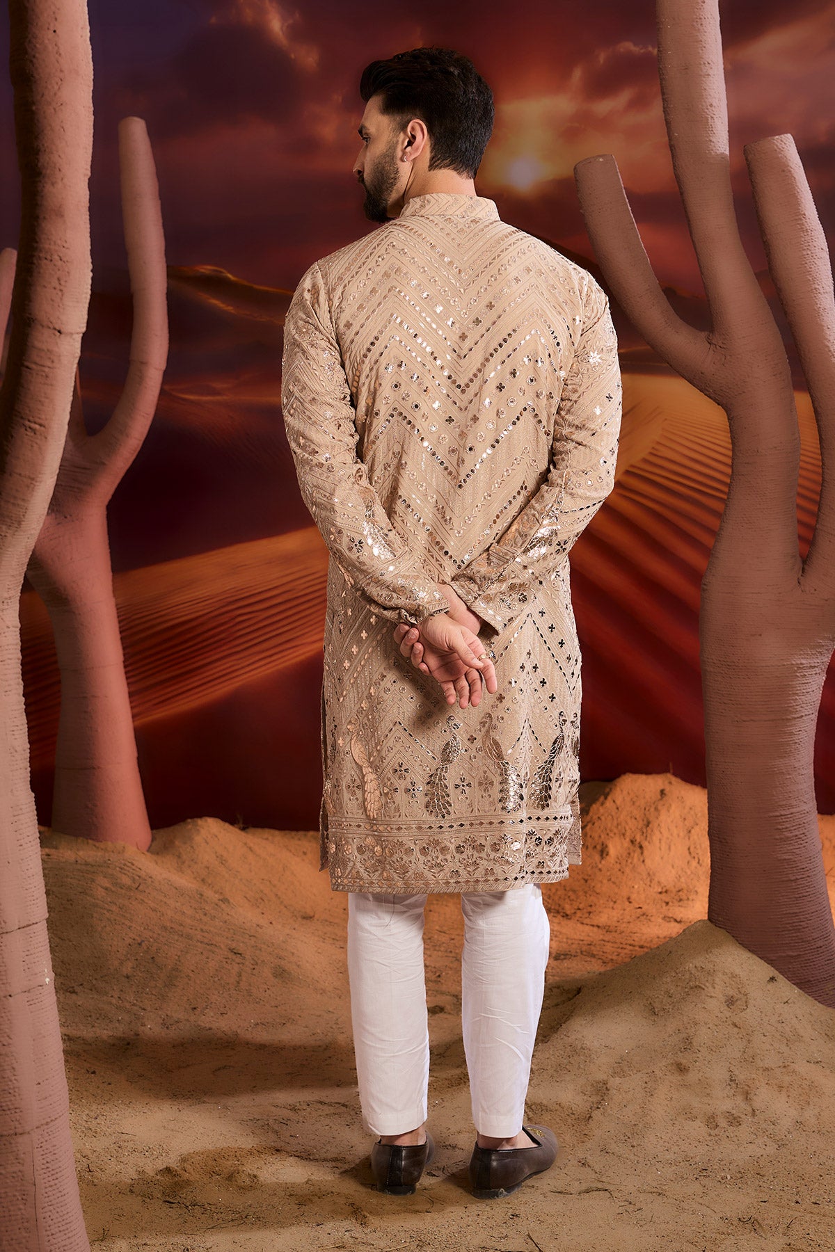Beige Leather Patchwork Kurta With Intricate Flora And Fauna Figures