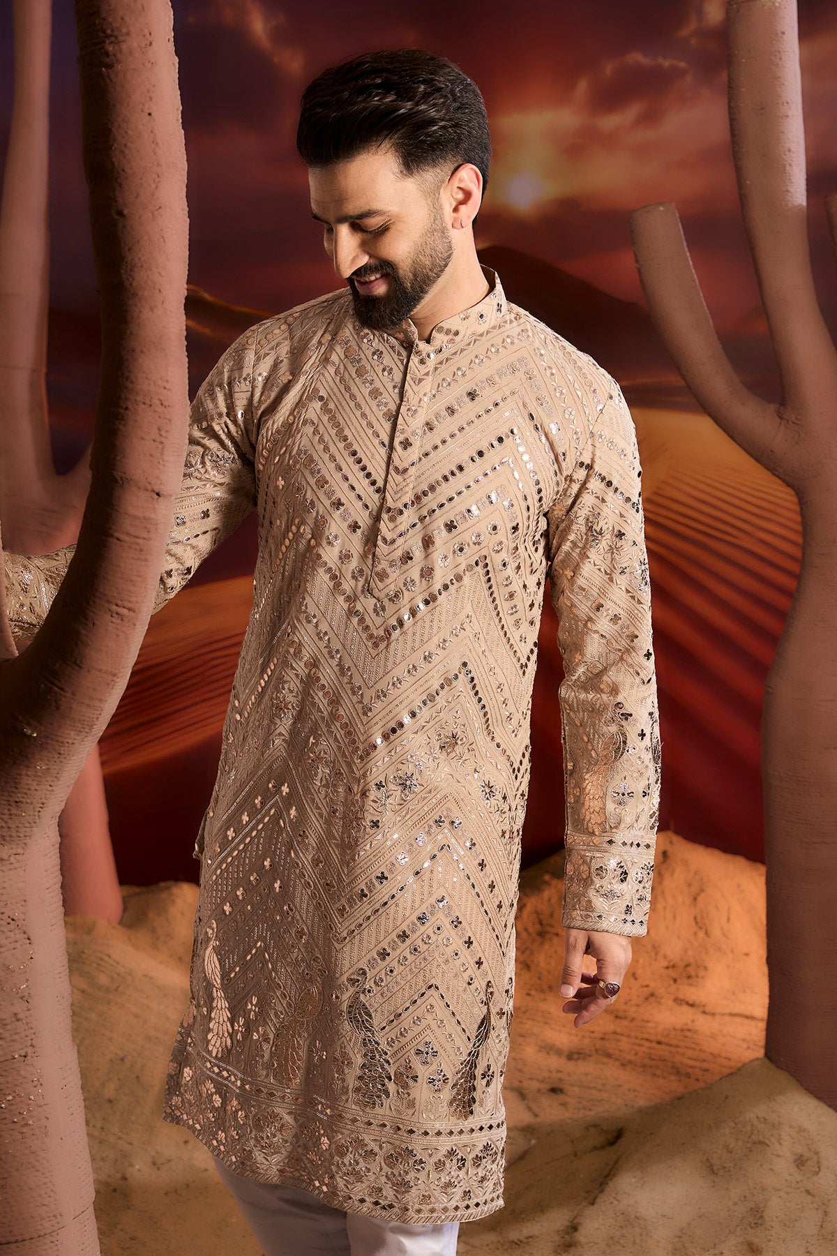 Beige Leather Patchwork Kurta With Intricate Flora And Fauna Figures