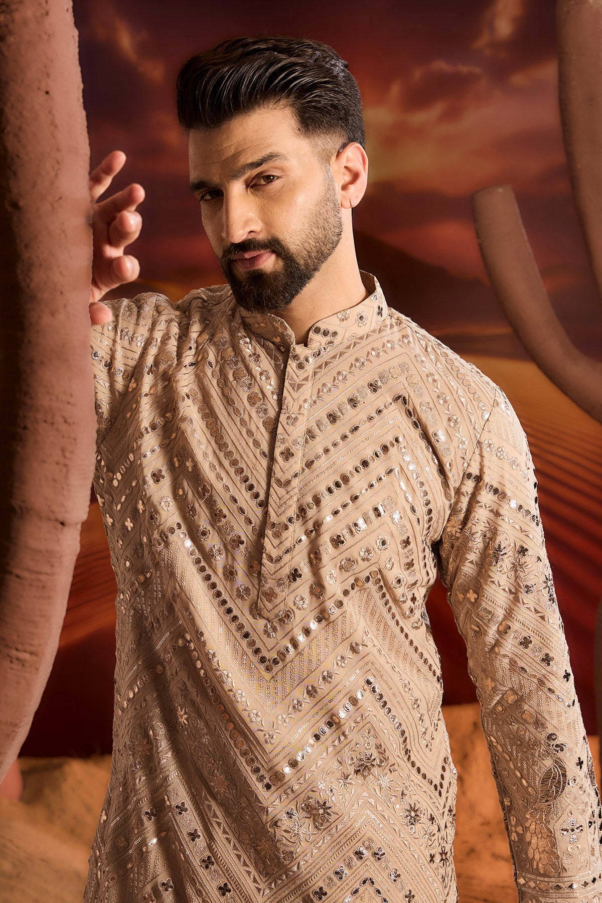 Beige Leather Patchwork Kurta With Intricate Flora And Fauna Figures