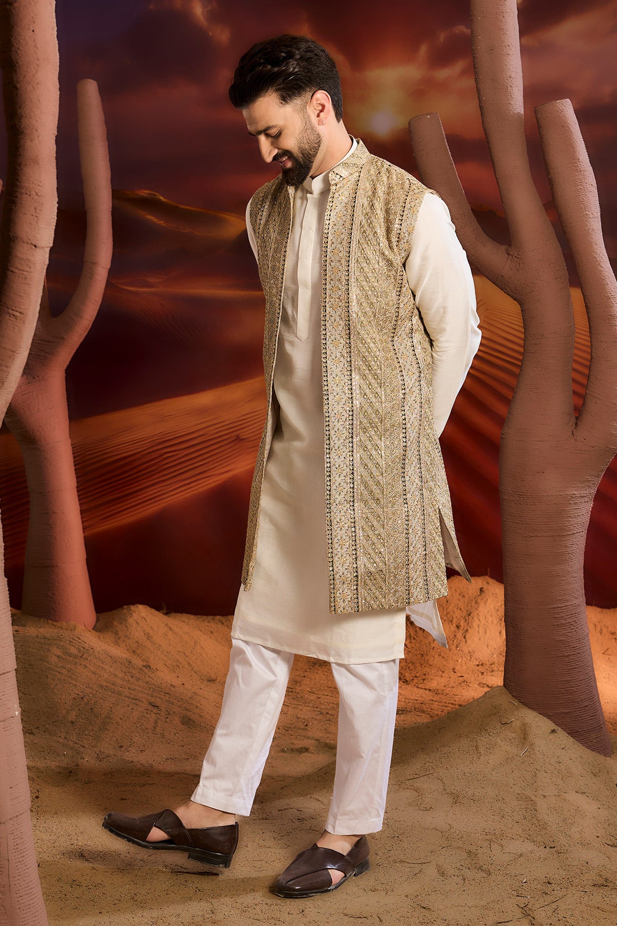 Sage Green Sequined Long Open Jacket With Intricate Zari Work