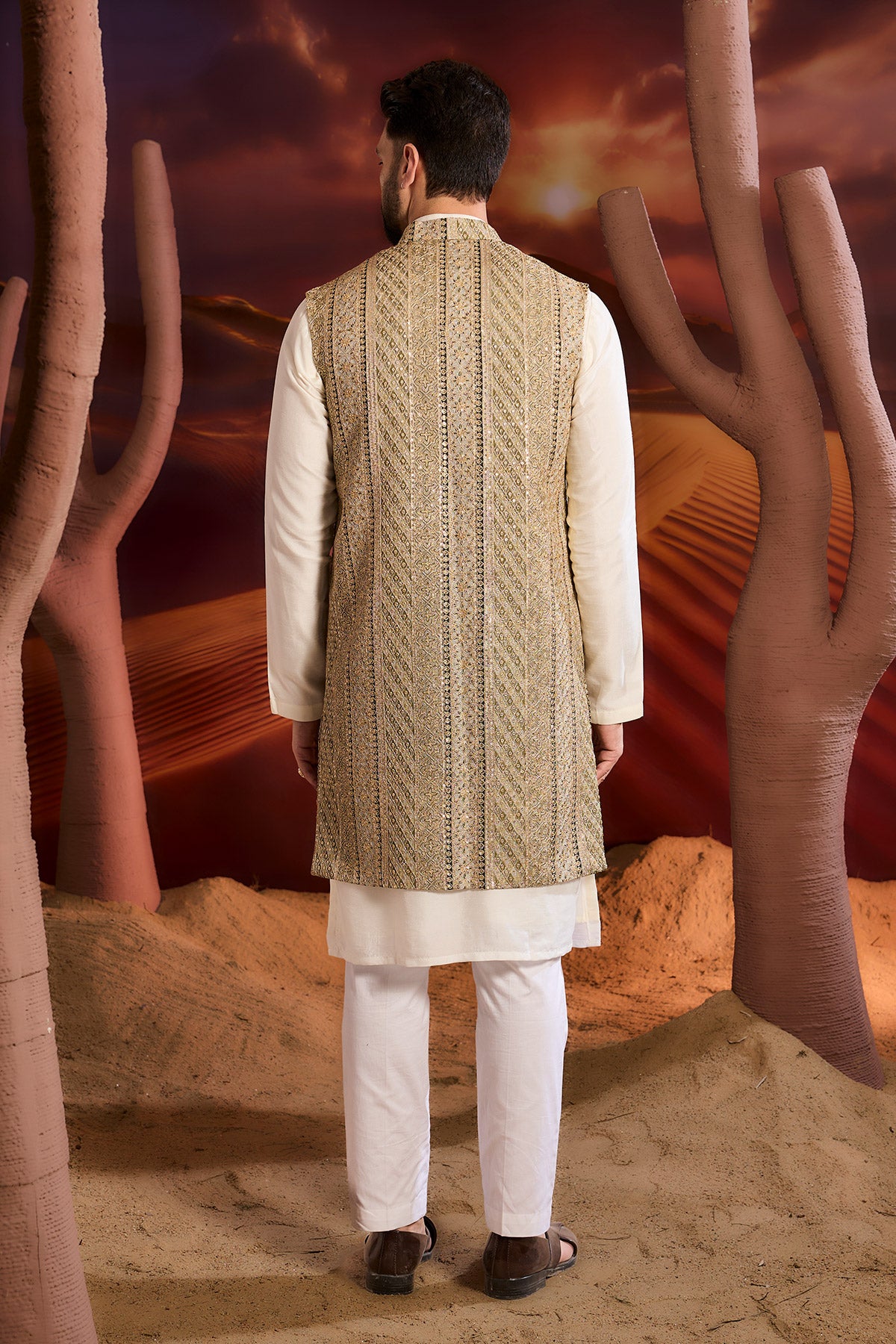 Sage Green Sequined Long Open Jacket With Intricate Zari Work