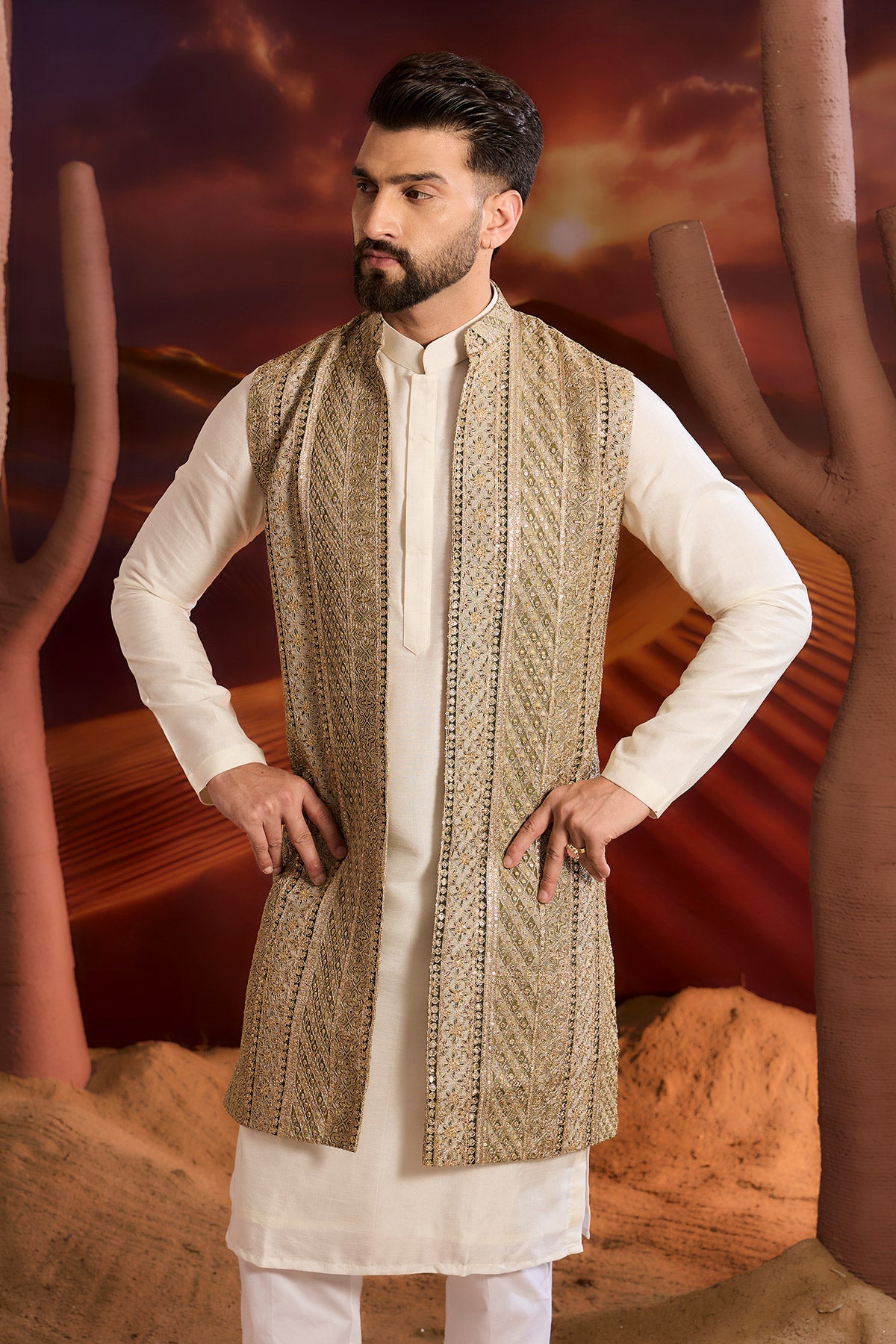 Sage Green Sequined Long Open Jacket With Intricate Zari Work