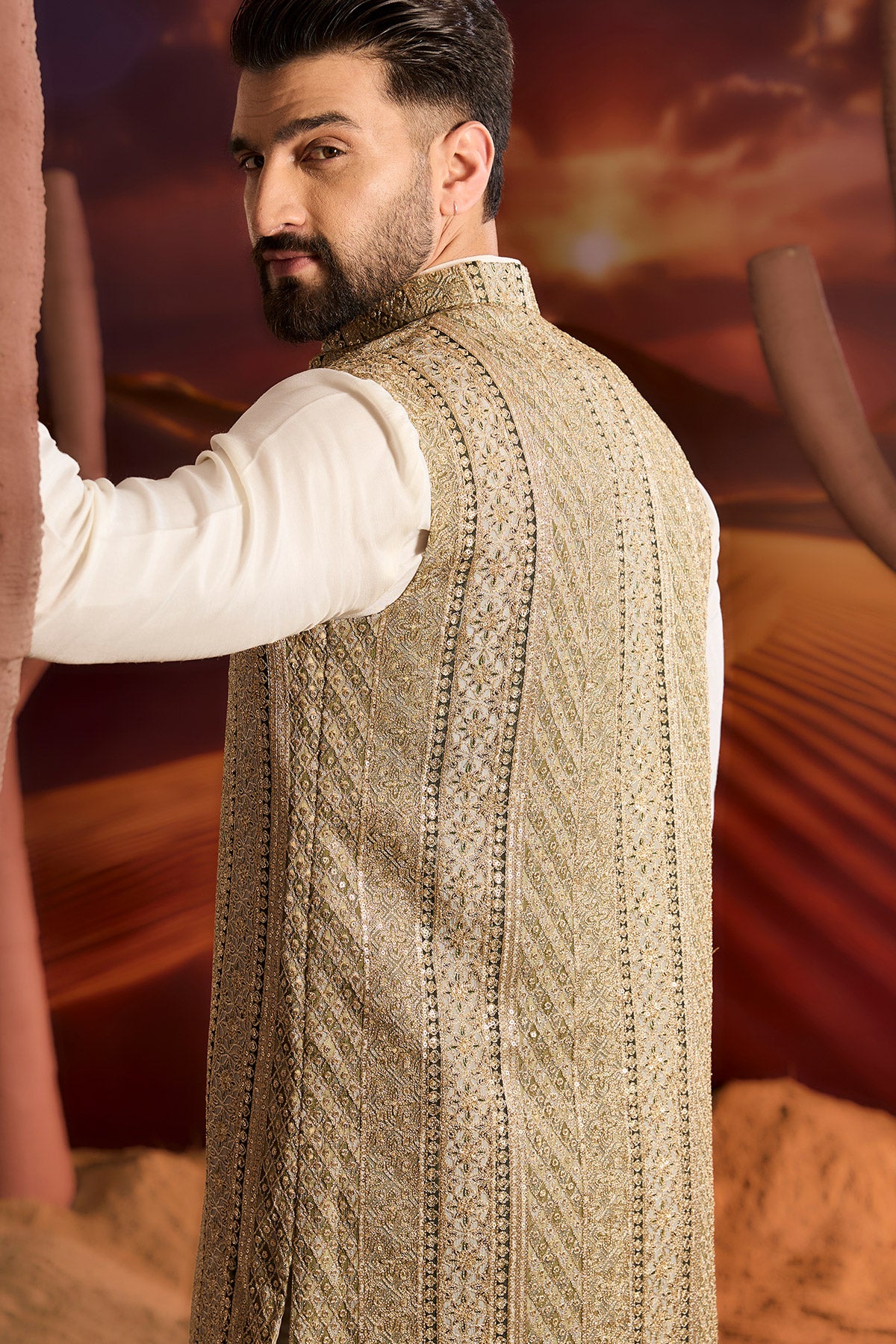Sage Green Sequined Long Open Jacket With Intricate Zari Work