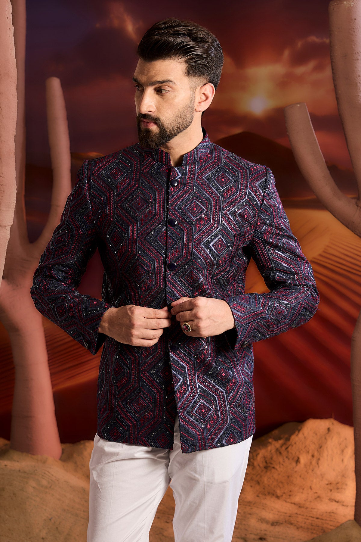 Blue Geomtrically Embrodried Bandgala With Delicate Sequin