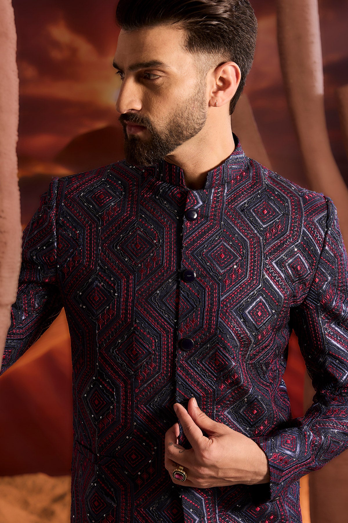Blue Geomtrically Embrodried Bandgala With Delicate Sequin