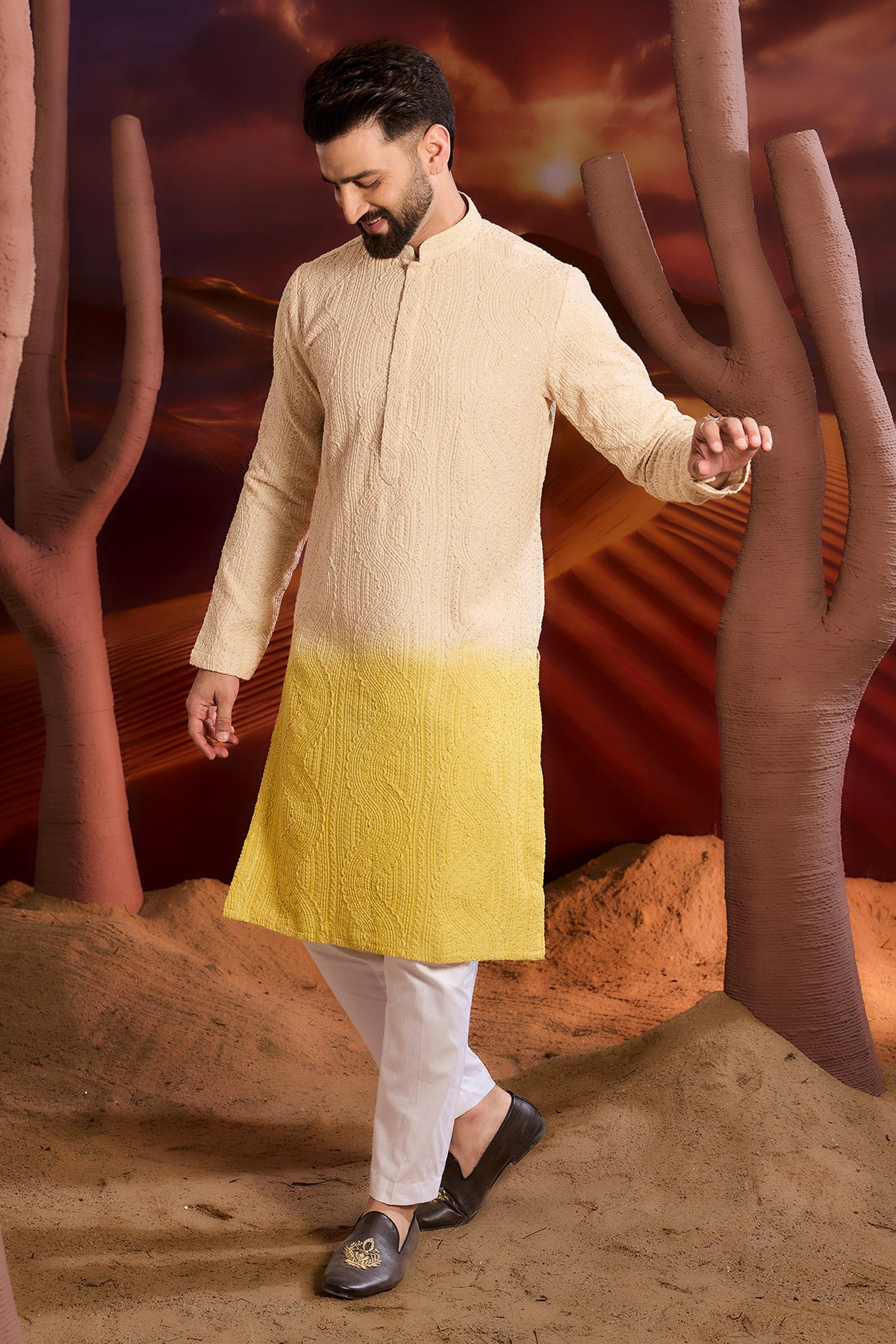 Cream And Yellow Ombre Shaded Chikankari Kurta
