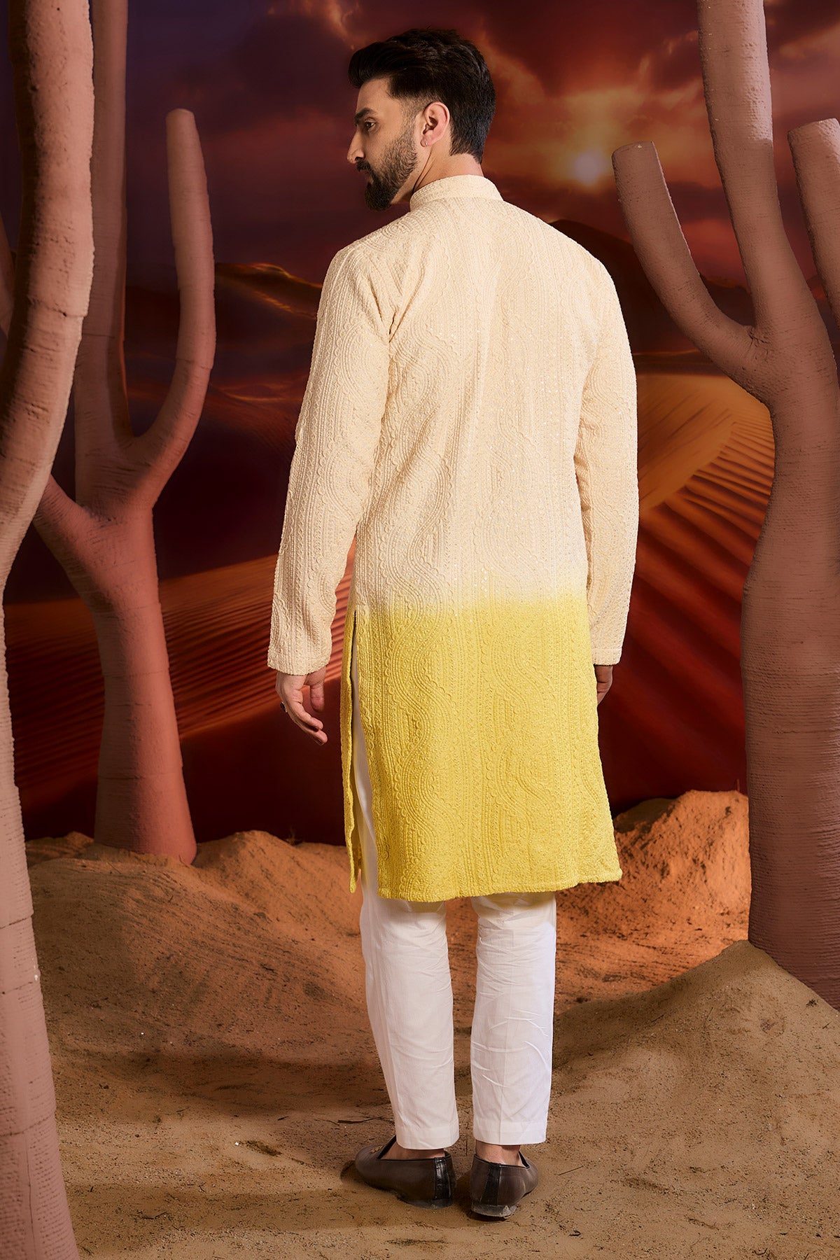 Cream And Yellow Ombre Shaded Chikankari Kurta