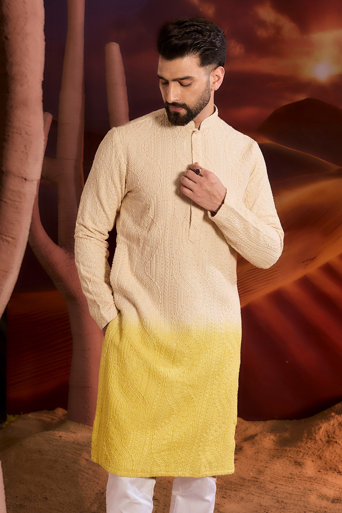 Cream And Yellow Ombre Shaded Chikankari Kurta
