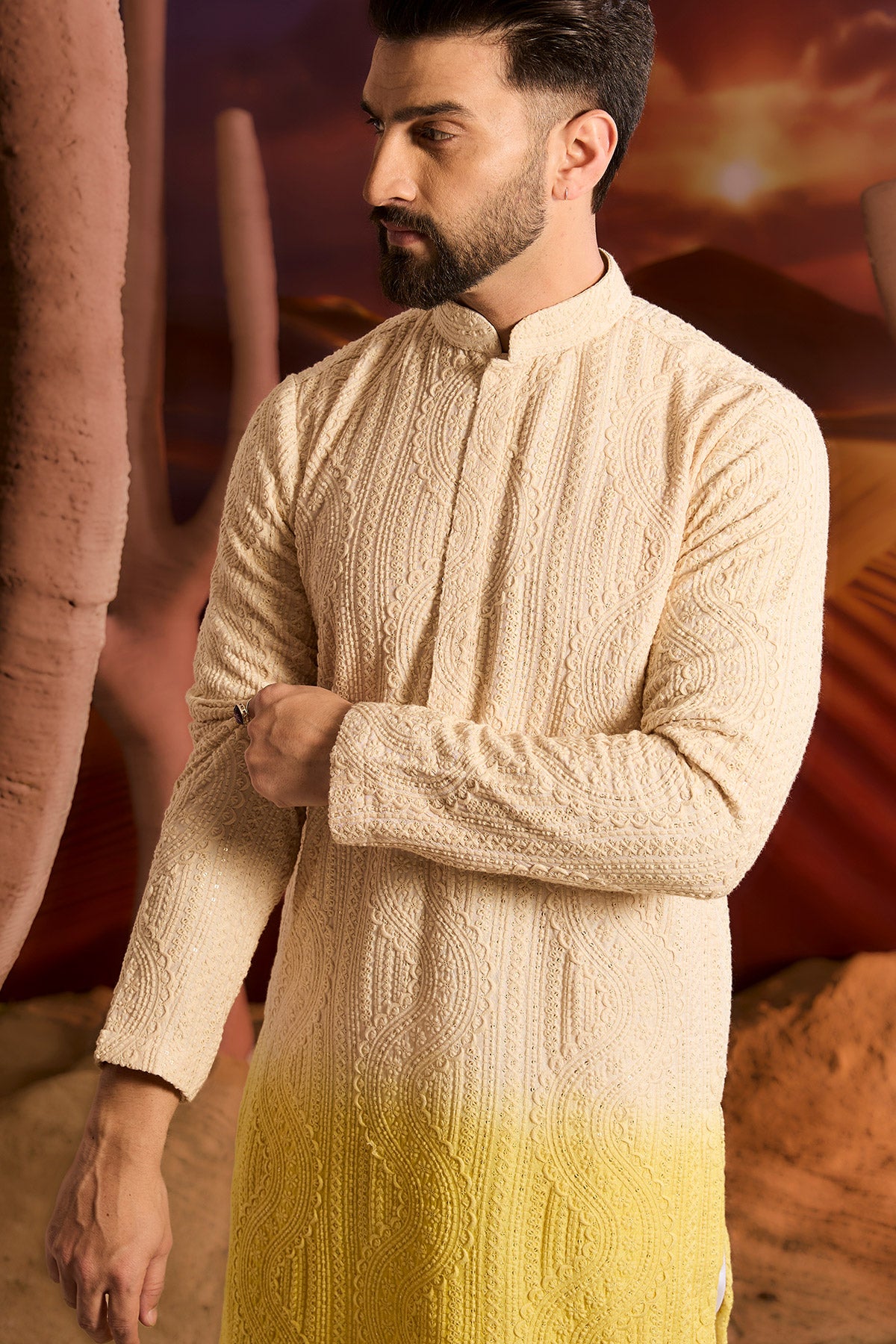 Cream And Yellow Ombre Shaded Chikankari Kurta