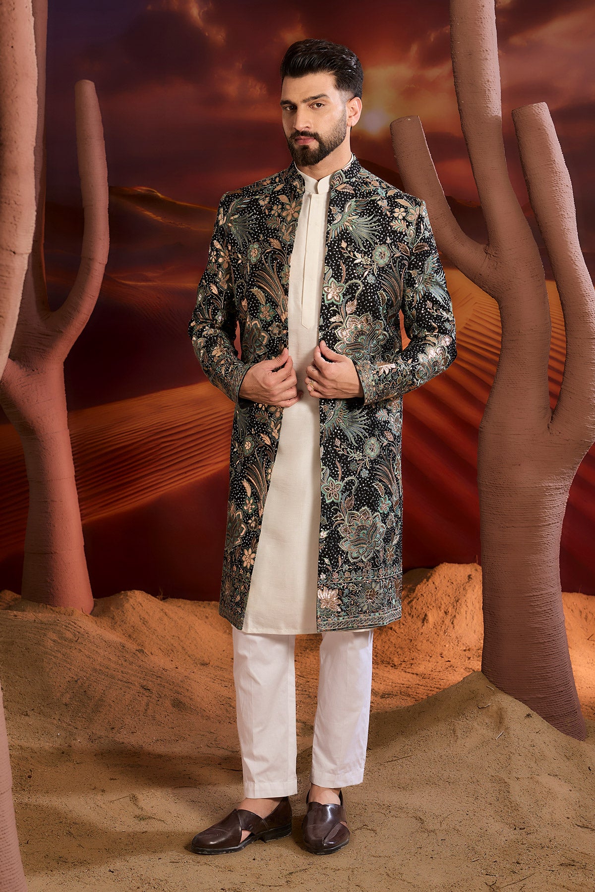 Black Leather Patchwork Long Open Sherwani With Intricate Flora And Fauna Figures