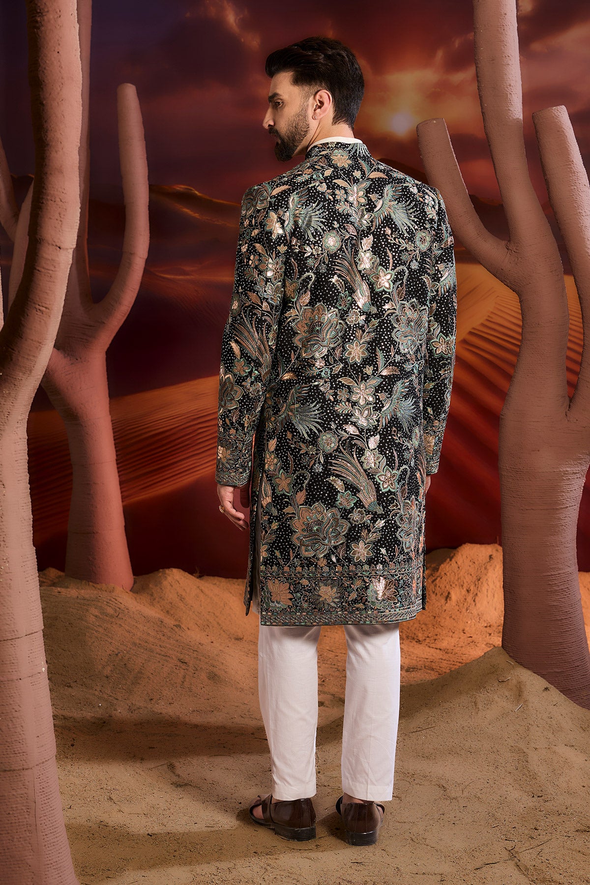 Black Leather Patchwork Long Open Sherwani With Intricate Flora And Fauna Figures