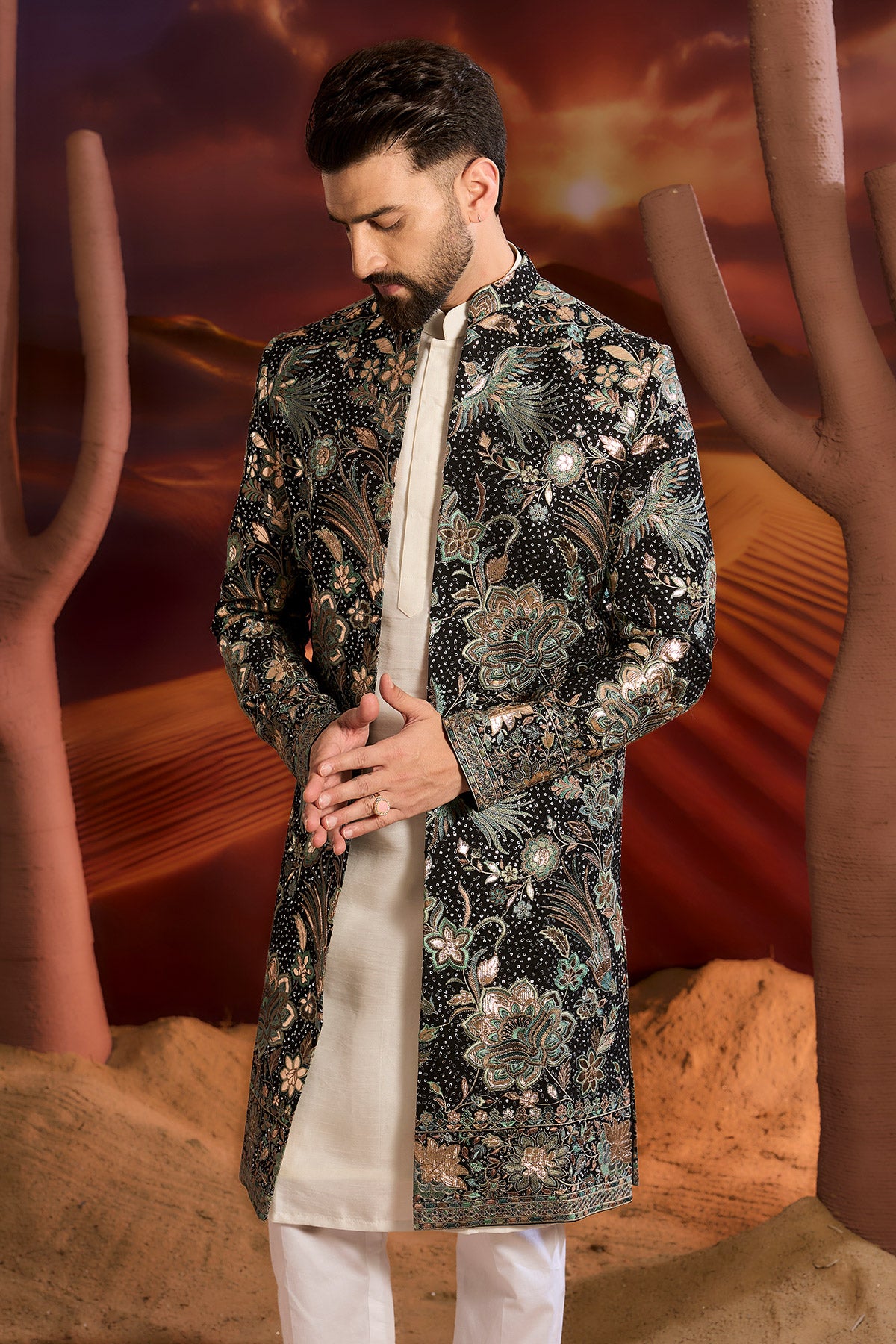 Black Leather Patchwork Long Open Sherwani With Intricate Flora And Fauna Figures