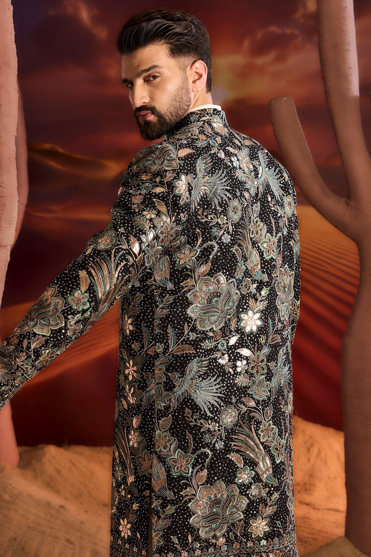Black Leather Patchwork Long Open Sherwani With Intricate Flora And Fauna Figures