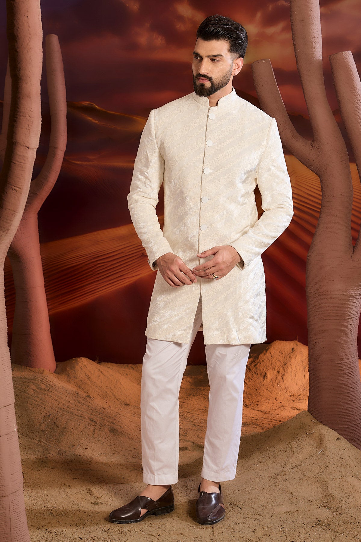 White Short Indowestern On Velvet With Intricate Dorhi Work