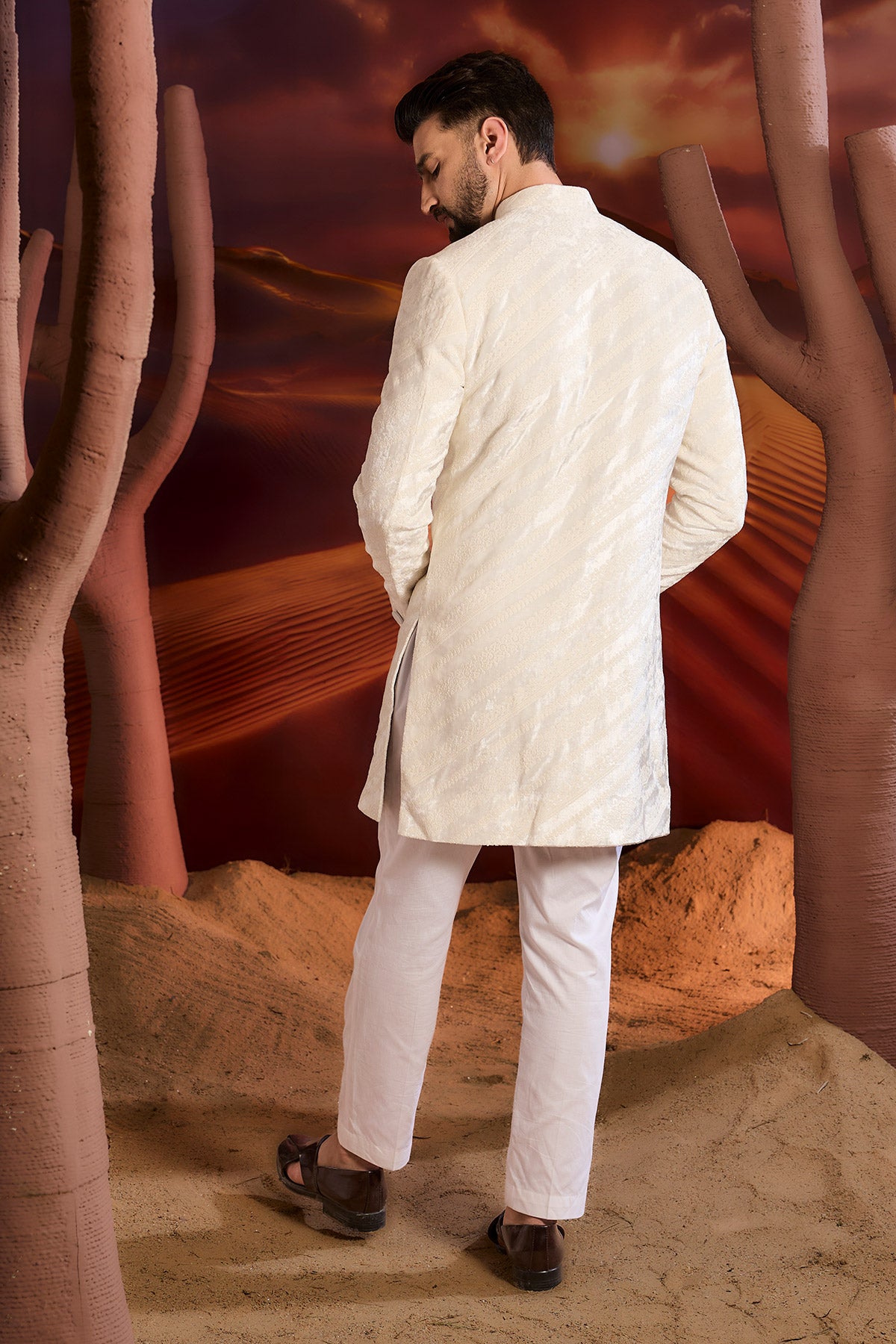 White Short Indowestern On Velvet With Intricate Dorhi Work