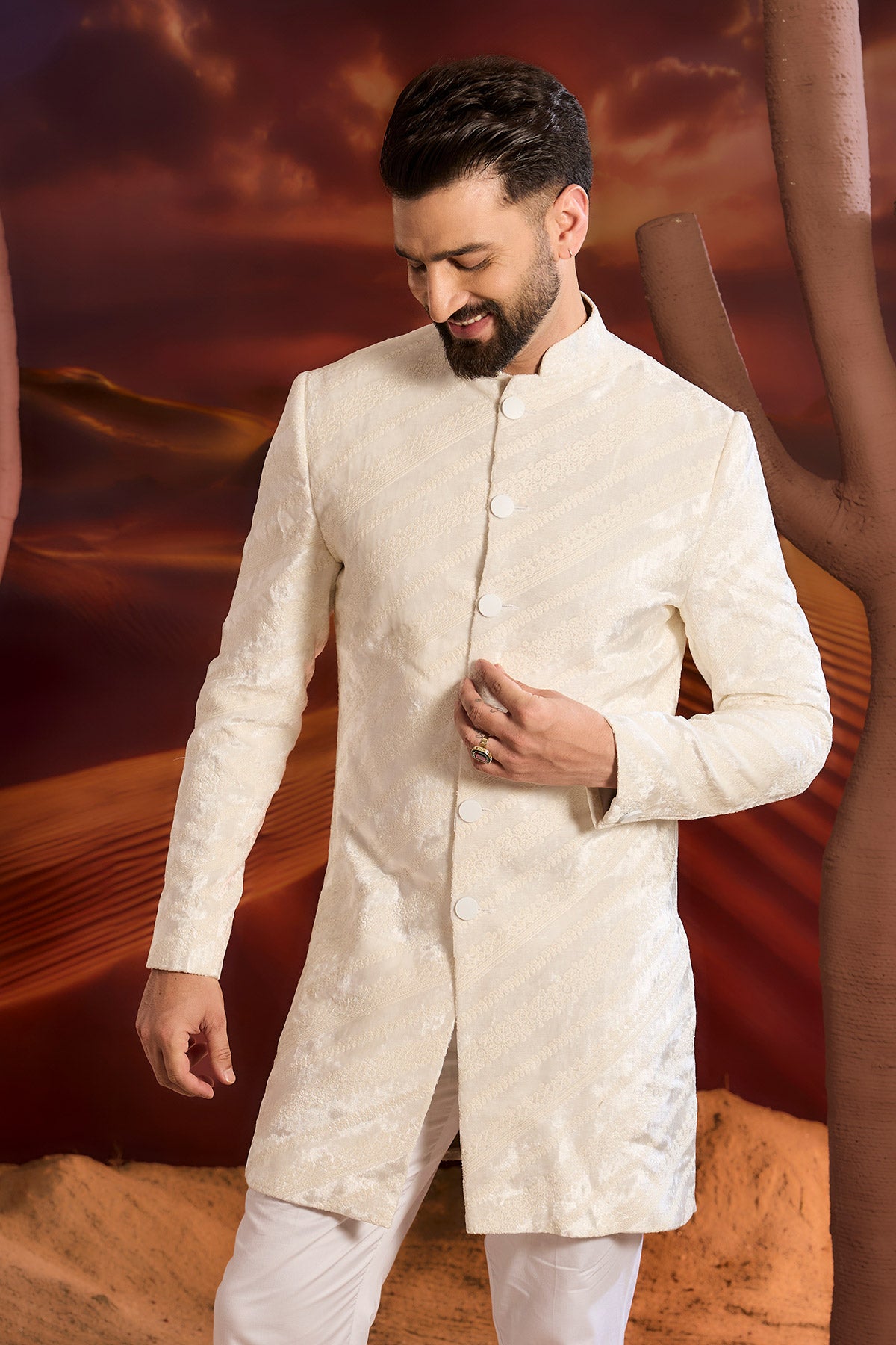 White Short Indowestern On Velvet With Intricate Dorhi Work