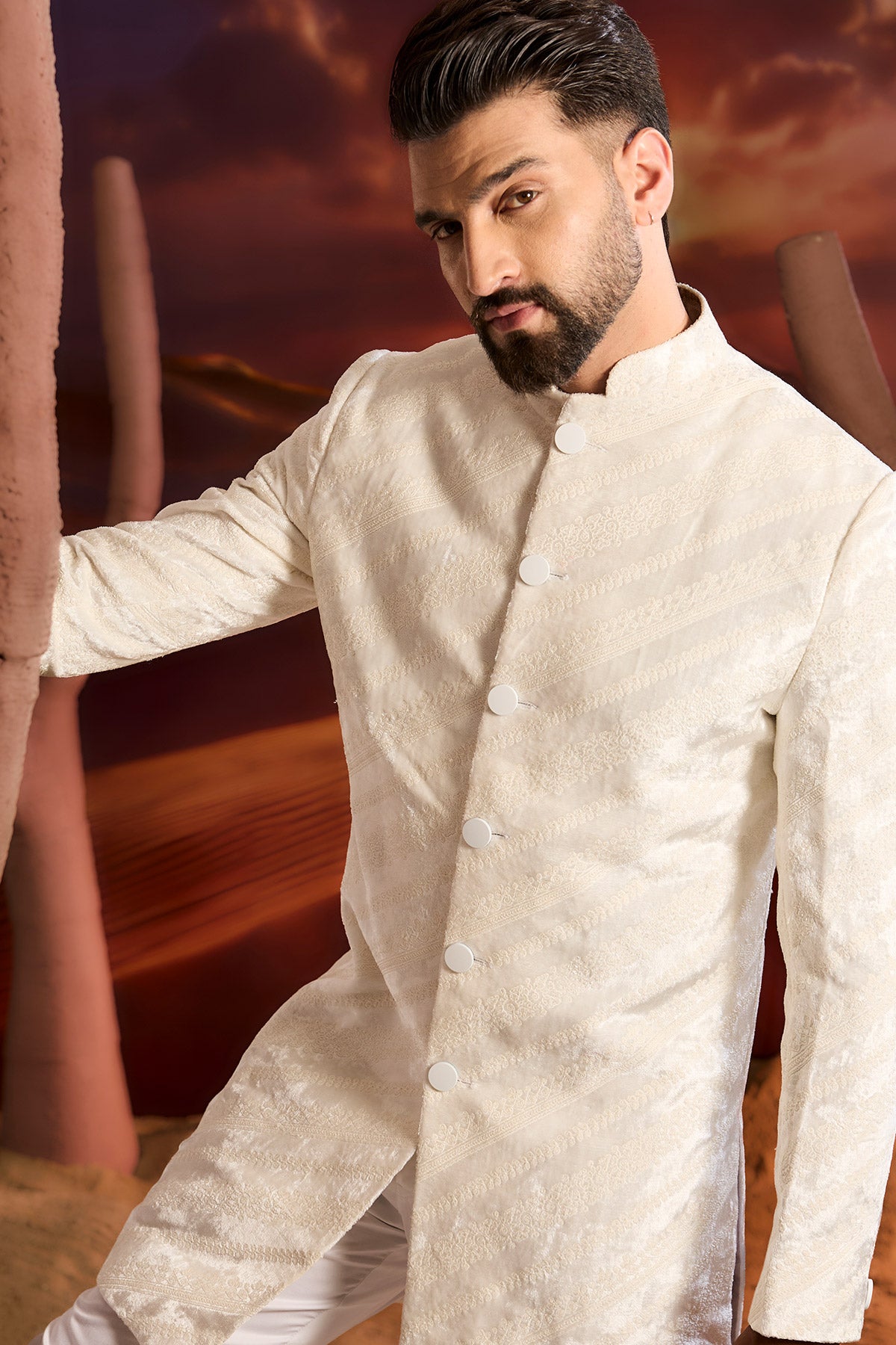 White Short Indowestern On Velvet With Intricate Dorhi Work