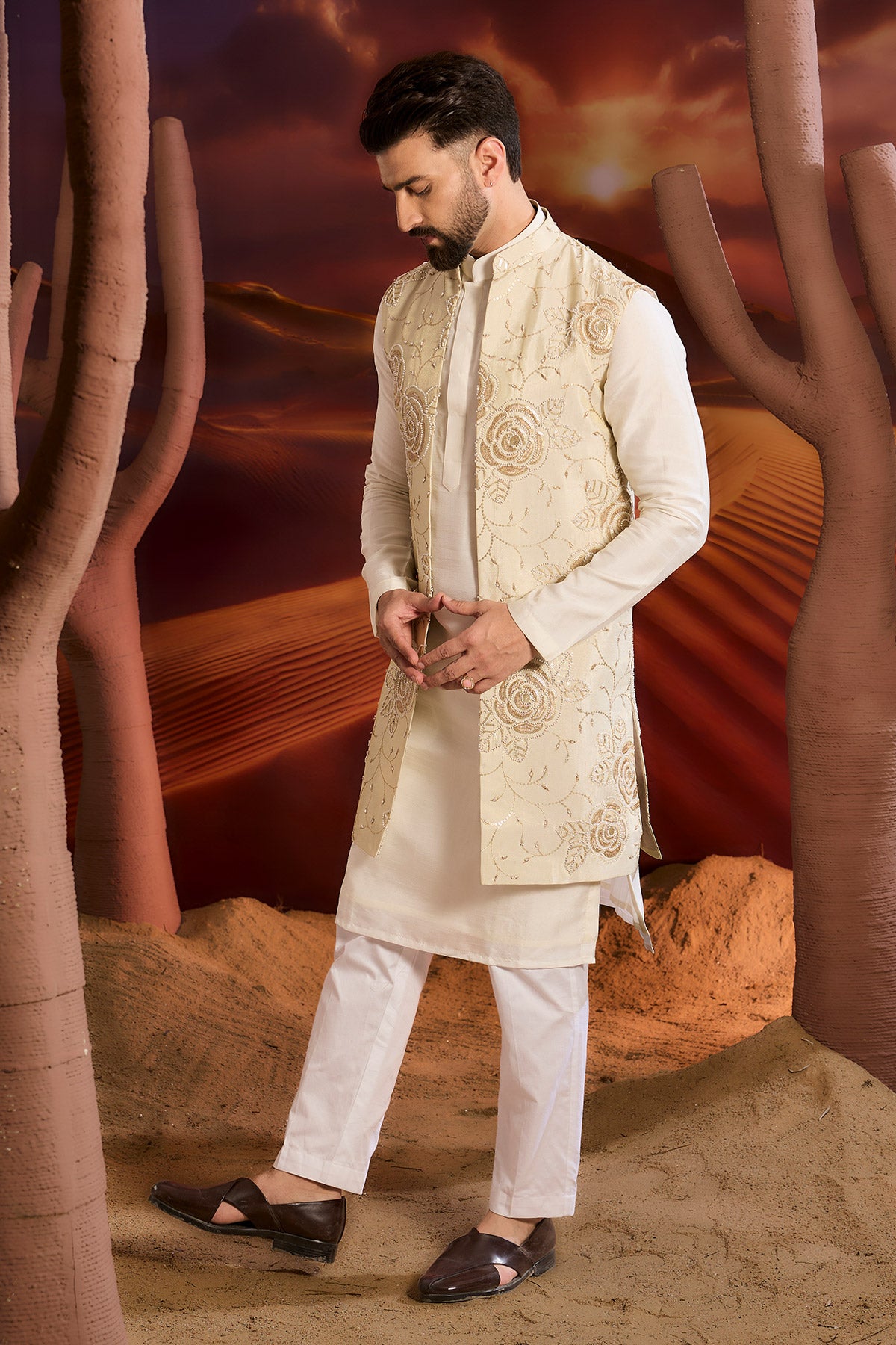 Golden Long Open Shrug With Floral Embrodiery