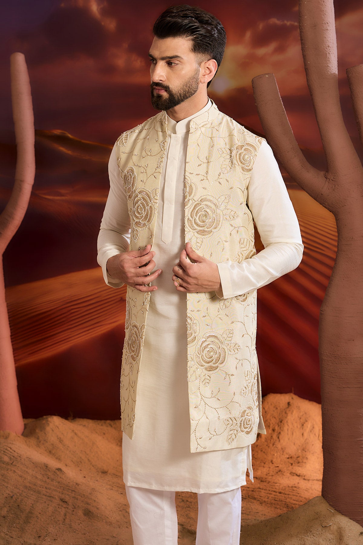 Golden Long Open Shrug With Floral Embrodiery