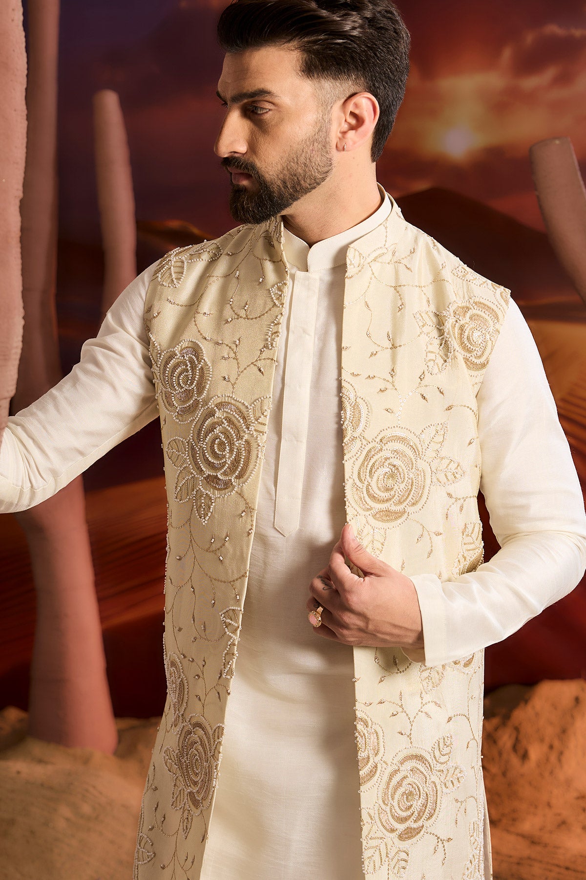 Golden Long Open Shrug With Floral Embrodiery