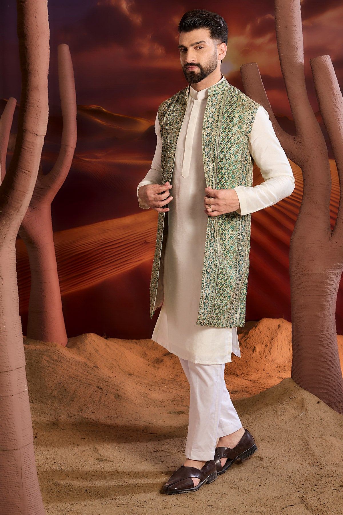Bottle Green Sequined Long Open Jacket With Intricate Zari Work